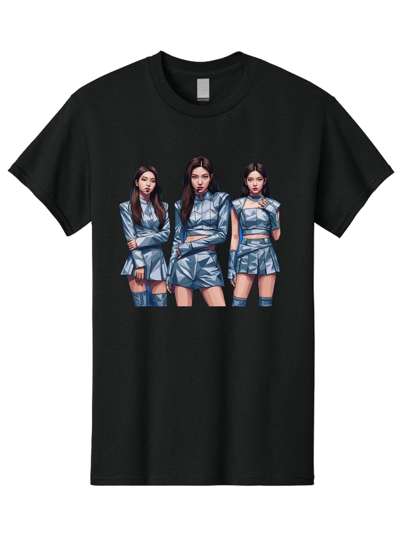 K-Pop-Trio Men'S Graphic Tee, 100% Cotton, Comfortable Casual Summer Wear, Machine Washable, K-Pop Group, Female Idols, Silver Outfits, Futuristic Fashion, Fashion Models, Group Portrait, Pop Art Style, Confident Poses, Long Hair, Bac104
