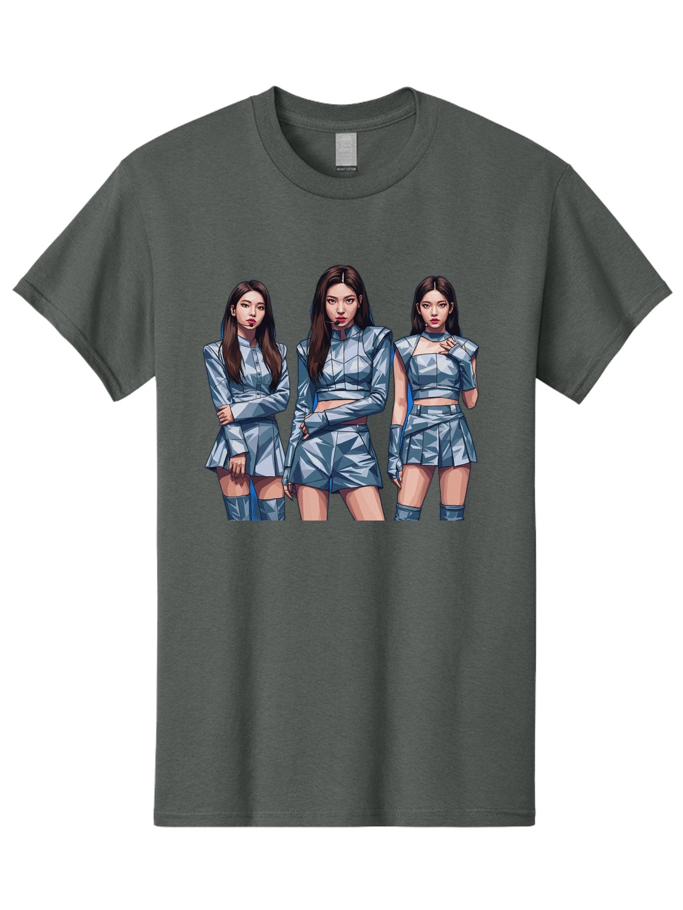 K-Pop-Trio Men'S Graphic Tee, 100% Cotton, Comfortable Casual Summer Wear, Machine Washable, K-Pop Group, Female Idols, Silver Outfits, Futuristic Fashion, Fashion Models, Group Portrait, Pop Art Style, Confident Poses, Long Hair, Bac104 3