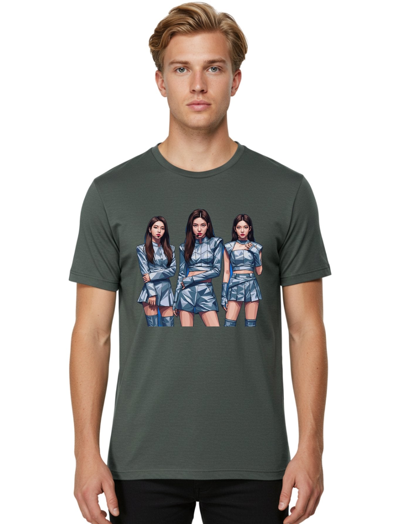K-Pop-Trio Men'S Graphic Tee, 100% Cotton, Comfortable Casual Summer Wear, Machine Washable, K-Pop Group, Female Idols, Silver Outfits, Futuristic Fashion, Fashion Models, Group Portrait, Pop Art Style, Confident Poses, Long Hair, Bac104 22