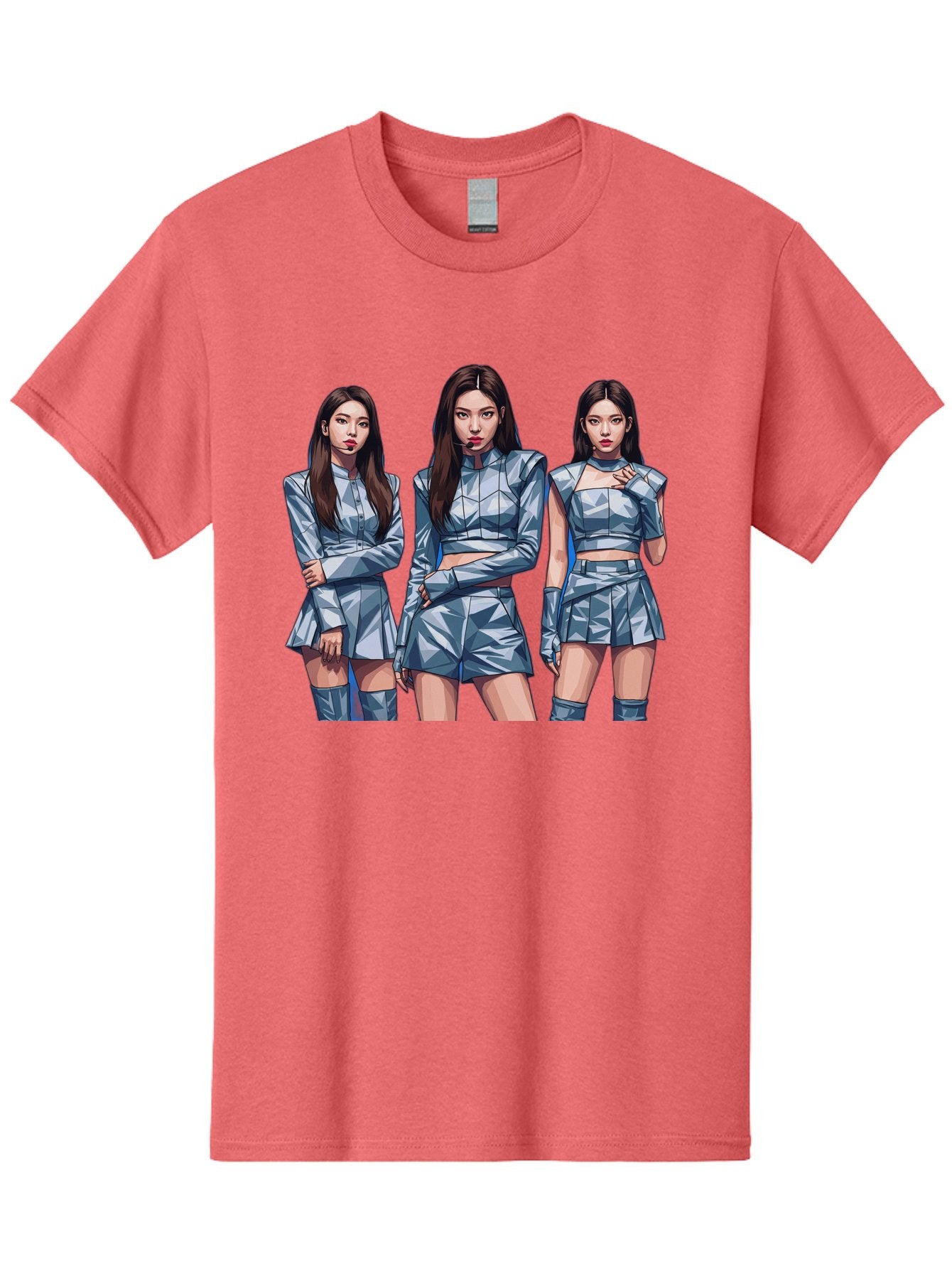 K-Pop-Trio Men'S Graphic Tee, 100% Cotton, Comfortable Casual Summer Wear, Machine Washable, K-Pop Group, Female Idols, Silver Outfits, Futuristic Fashion, Fashion Models, Group Portrait, Pop Art Style, Confident Poses, Long Hair, Bac104 9