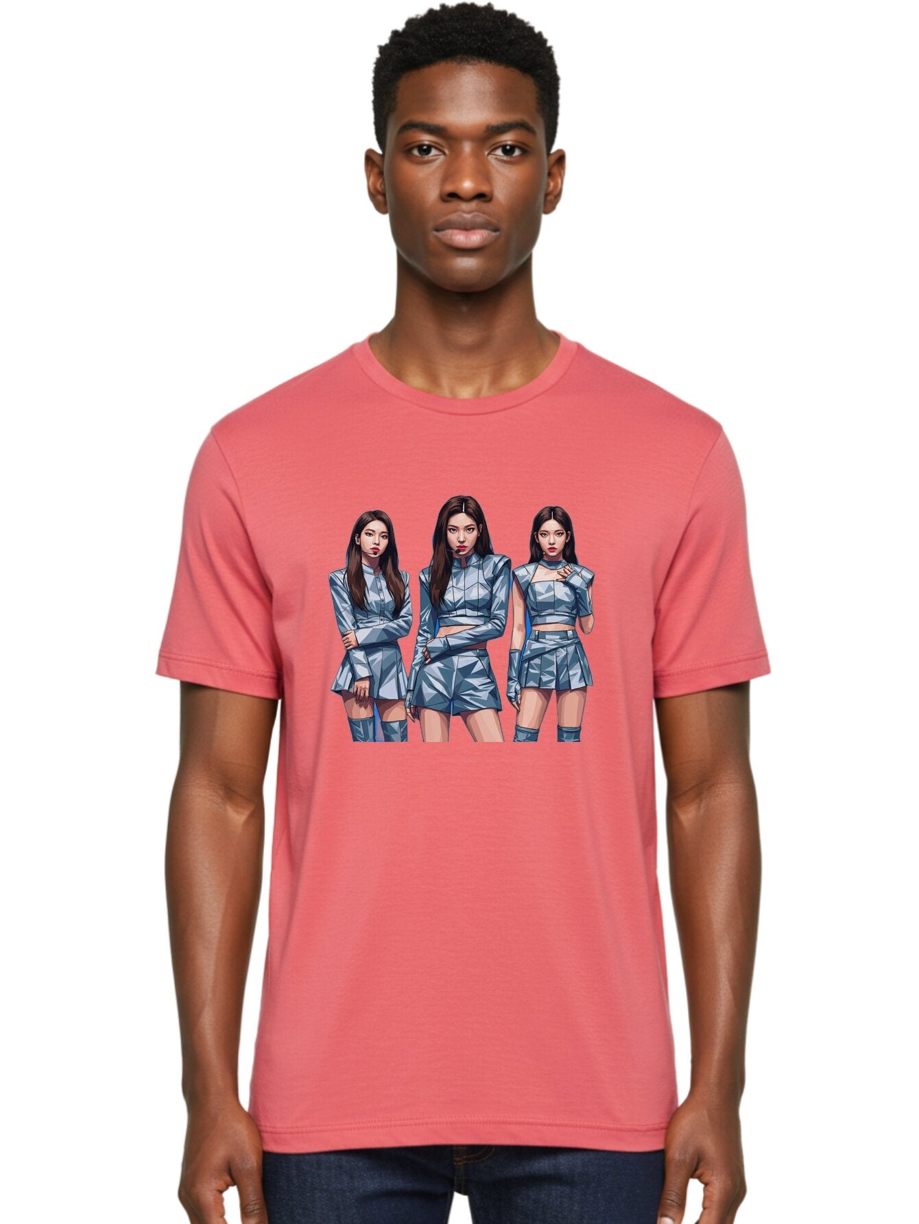 K-Pop-Trio Men'S Graphic Tee, 100% Cotton, Comfortable Casual Summer Wear, Machine Washable, K-Pop Group, Female Idols, Silver Outfits, Futuristic Fashion, Fashion Models, Group Portrait, Pop Art Style, Confident Poses, Long Hair, Bac104 26