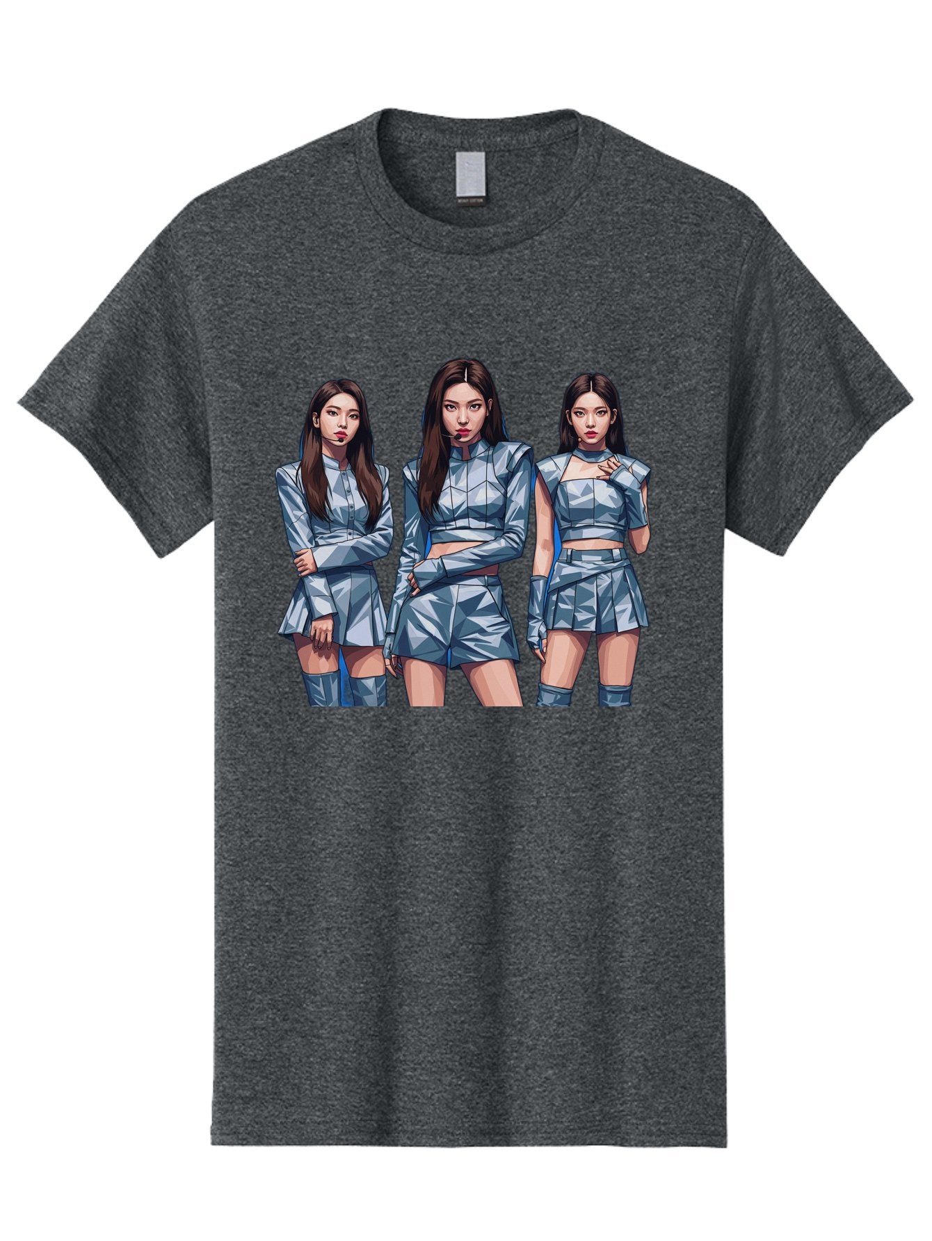 K-Pop-Trio Men'S Graphic Tee, 100% Cotton, Comfortable Casual Summer Wear, Machine Washable, K-Pop Group, Female Idols, Silver Outfits, Futuristic Fashion, Fashion Models, Group Portrait, Pop Art Style, Confident Poses, Long Hair, Bac104 6