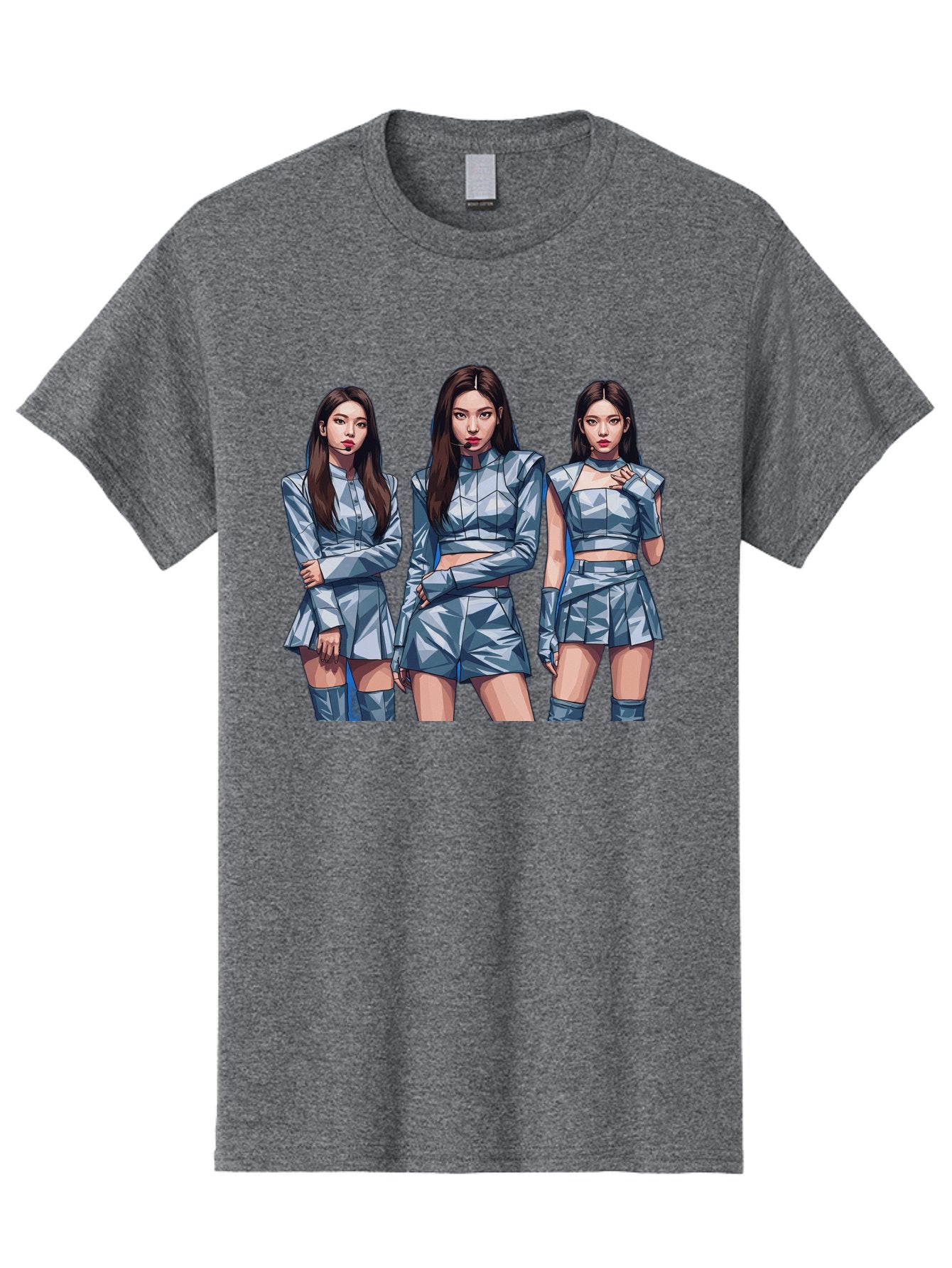 K-Pop-Trio Men'S Graphic Tee, 100% Cotton, Comfortable Casual Summer Wear, Machine Washable, K-Pop Group, Female Idols, Silver Outfits, Futuristic Fashion, Fashion Models, Group Portrait, Pop Art Style, Confident Poses, Long Hair, Bac104 15
