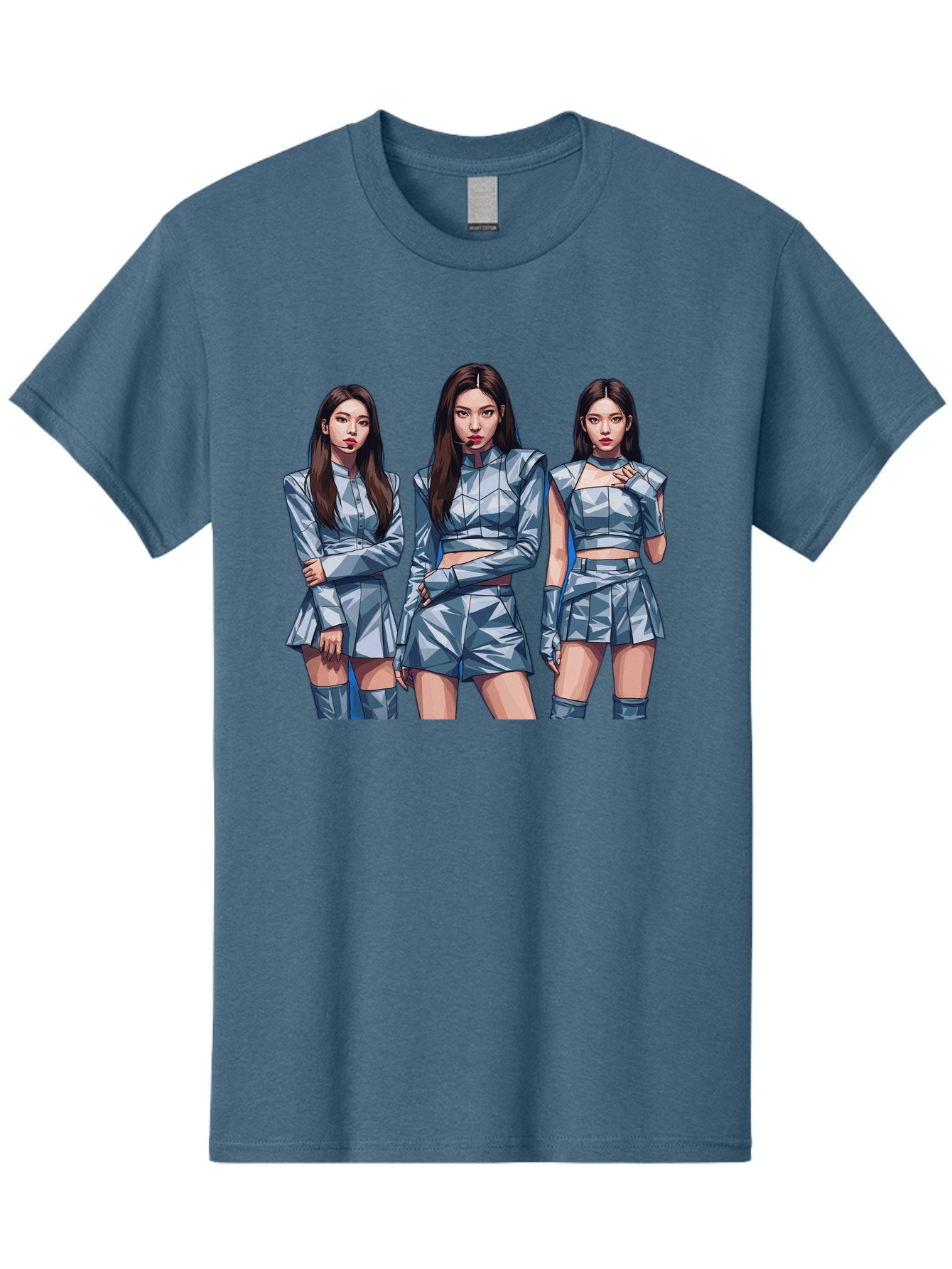 K-Pop-Trio Men'S Graphic Tee, 100% Cotton, Comfortable Casual Summer Wear, Machine Washable, K-Pop Group, Female Idols, Silver Outfits, Futuristic Fashion, Fashion Models, Group Portrait, Pop Art Style, Confident Poses, Long Hair, Bac104 5