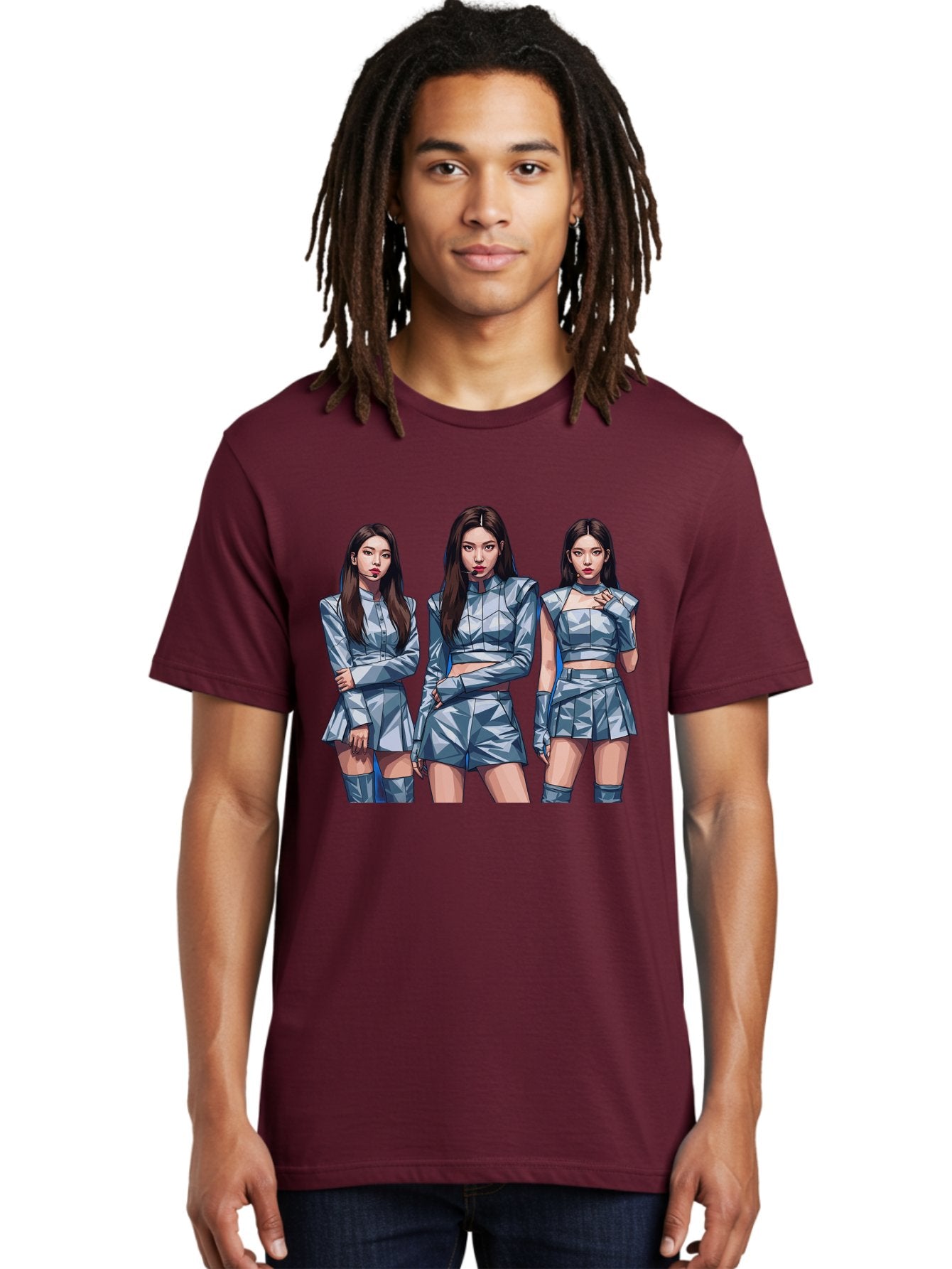 K-Pop-Trio Men'S Graphic Tee, 100% Cotton, Comfortable Casual Summer Wear, Machine Washable, K-Pop Group, Female Idols, Silver Outfits, Futuristic Fashion, Fashion Models, Group Portrait, Pop Art Style, Confident Poses, Long Hair, Bac104 29