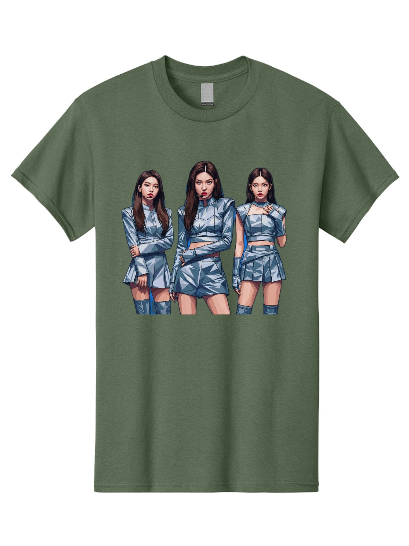 K-Pop-Trio Men'S Graphic Tee, 100% Cotton, Comfortable Casual Summer Wear, Machine Washable, K-Pop Group, Female Idols, Silver Outfits, Futuristic Fashion, Fashion Models, Group Portrait, Pop Art Style, Confident Poses, Long Hair, Bac104 8