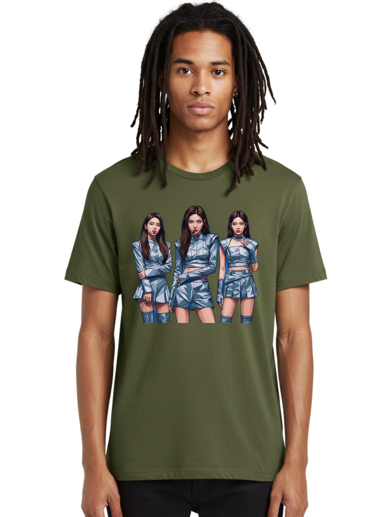 K-Pop-Trio Men'S Graphic Tee, 100% Cotton, Comfortable Casual Summer Wear, Machine Washable, K-Pop Group, Female Idols, Silver Outfits, Futuristic Fashion, Fashion Models, Group Portrait, Pop Art Style, Confident Poses, Long Hair, Bac104 25