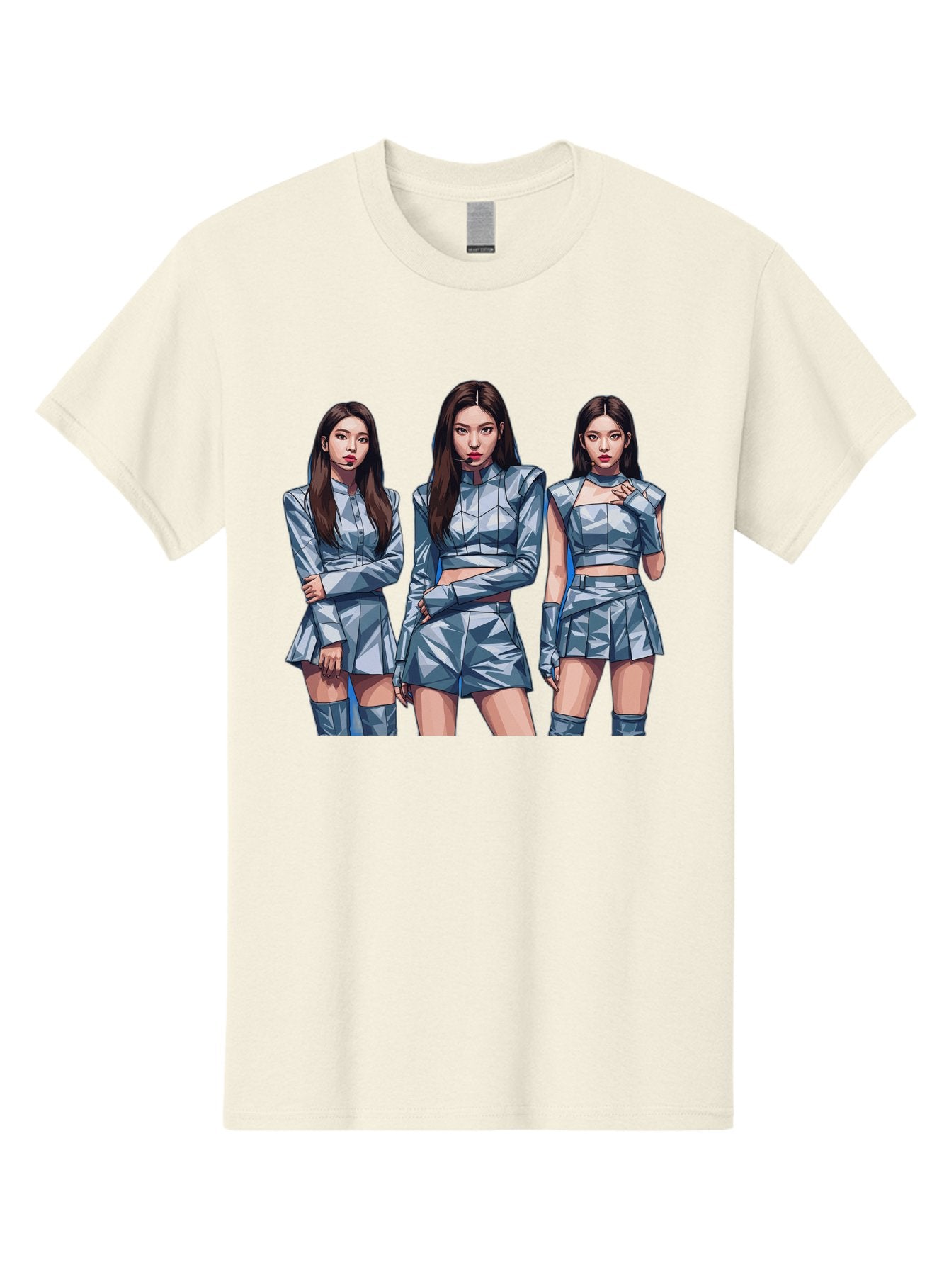 K-Pop-Trio Men'S Graphic Tee, 100% Cotton, Comfortable Casual Summer Wear, Machine Washable, K-Pop Group, Female Idols, Silver Outfits, Futuristic Fashion, Fashion Models, Group Portrait, Pop Art Style, Confident Poses, Long Hair, Bac104