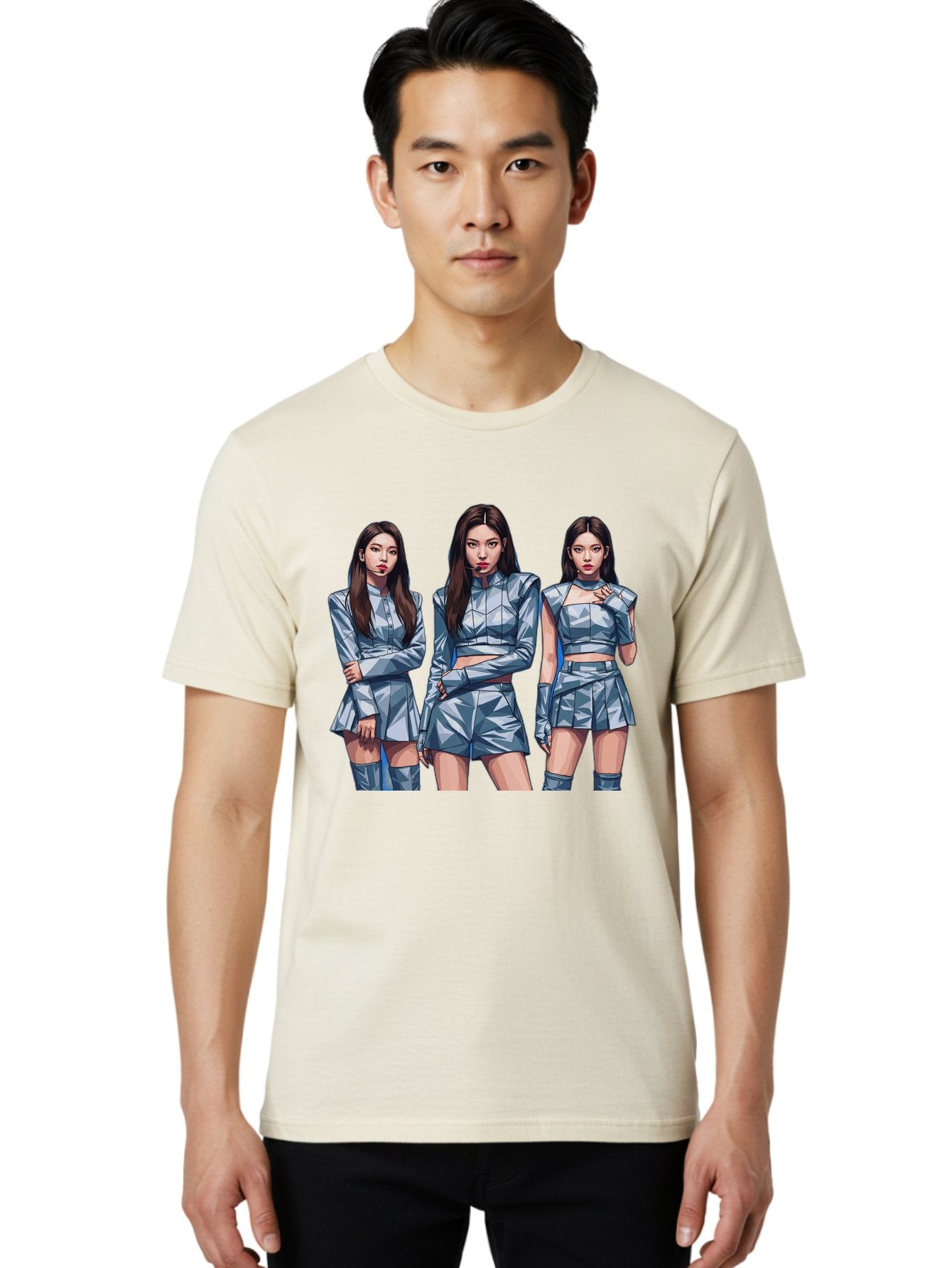 K-Pop-Trio Men'S Graphic Tee, 100% Cotton, Comfortable Casual Summer Wear, Machine Washable, K-Pop Group, Female Idols, Silver Outfits, Futuristic Fashion, Fashion Models, Group Portrait, Pop Art Style, Confident Poses, Long Hair, Bac104 19