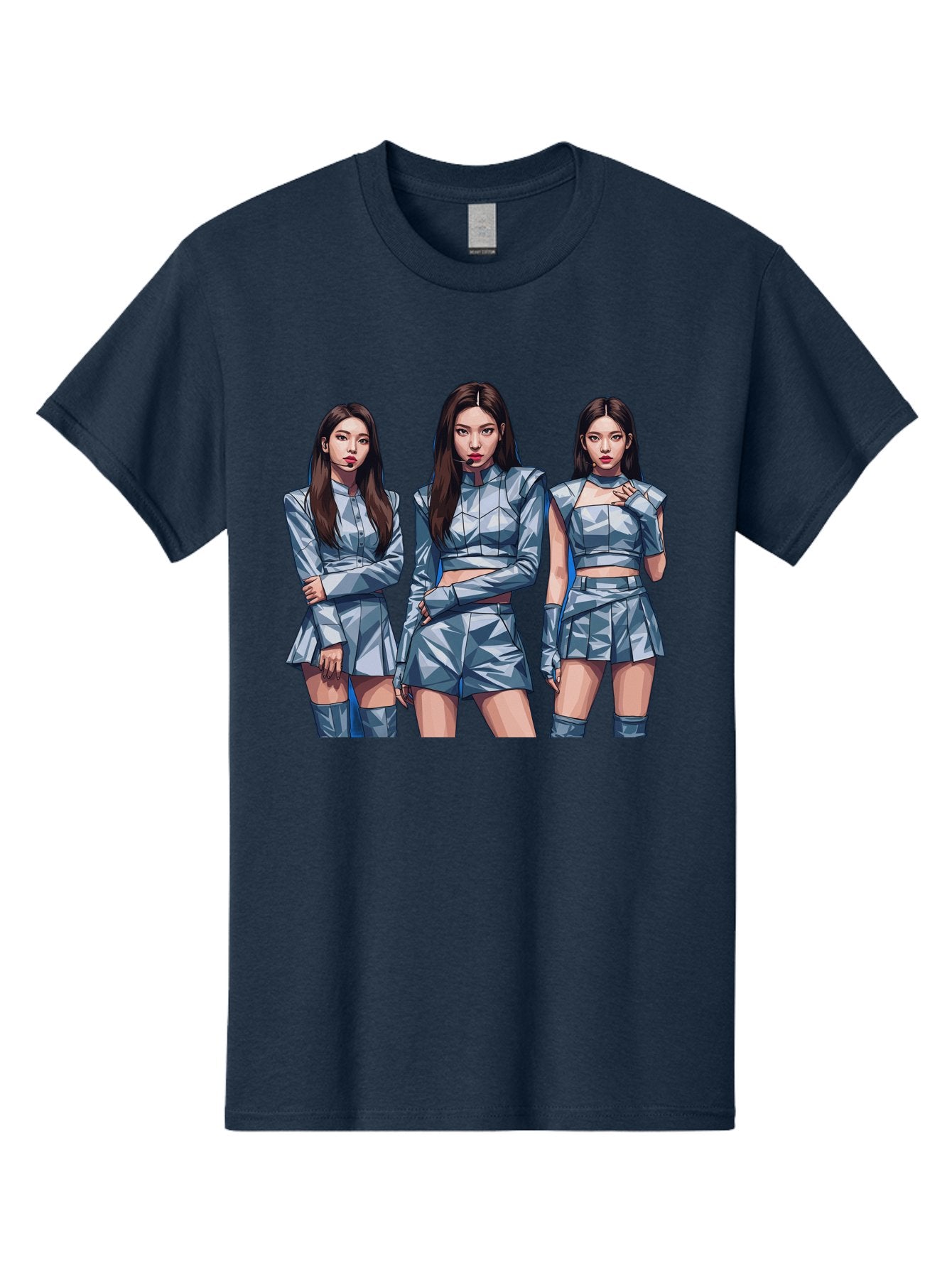 K-Pop-Trio Men'S Graphic Tee, 100% Cotton, Comfortable Casual Summer Wear, Machine Washable, K-Pop Group, Female Idols, Silver Outfits, Futuristic Fashion, Fashion Models, Group Portrait, Pop Art Style, Confident Poses, Long Hair, Bac104 11