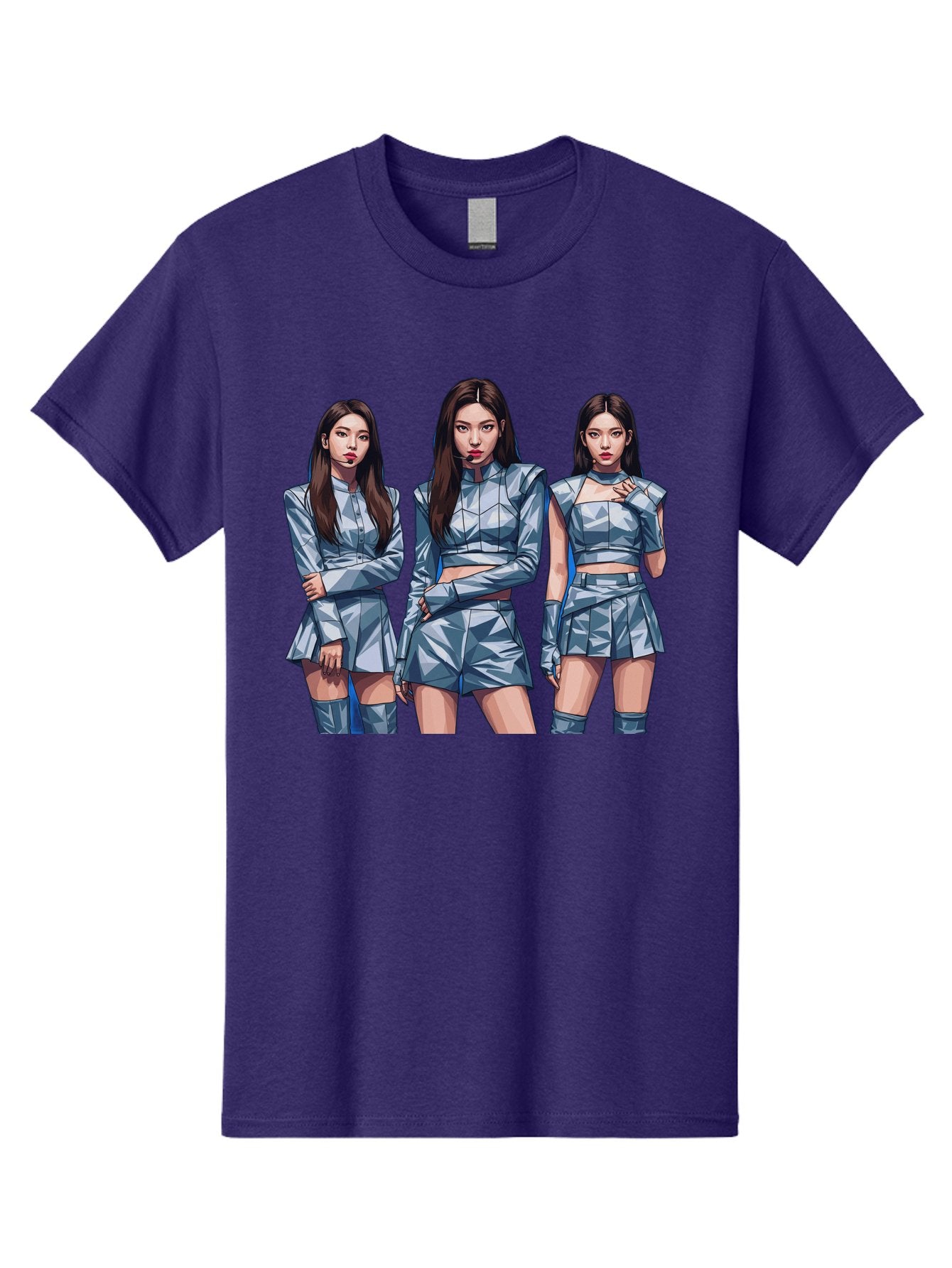 K-Pop-Trio Men'S Graphic Tee, 100% Cotton, Comfortable Casual Summer Wear, Machine Washable, K-Pop Group, Female Idols, Silver Outfits, Futuristic Fashion, Fashion Models, Group Portrait, Pop Art Style, Confident Poses, Long Hair, Bac104 10