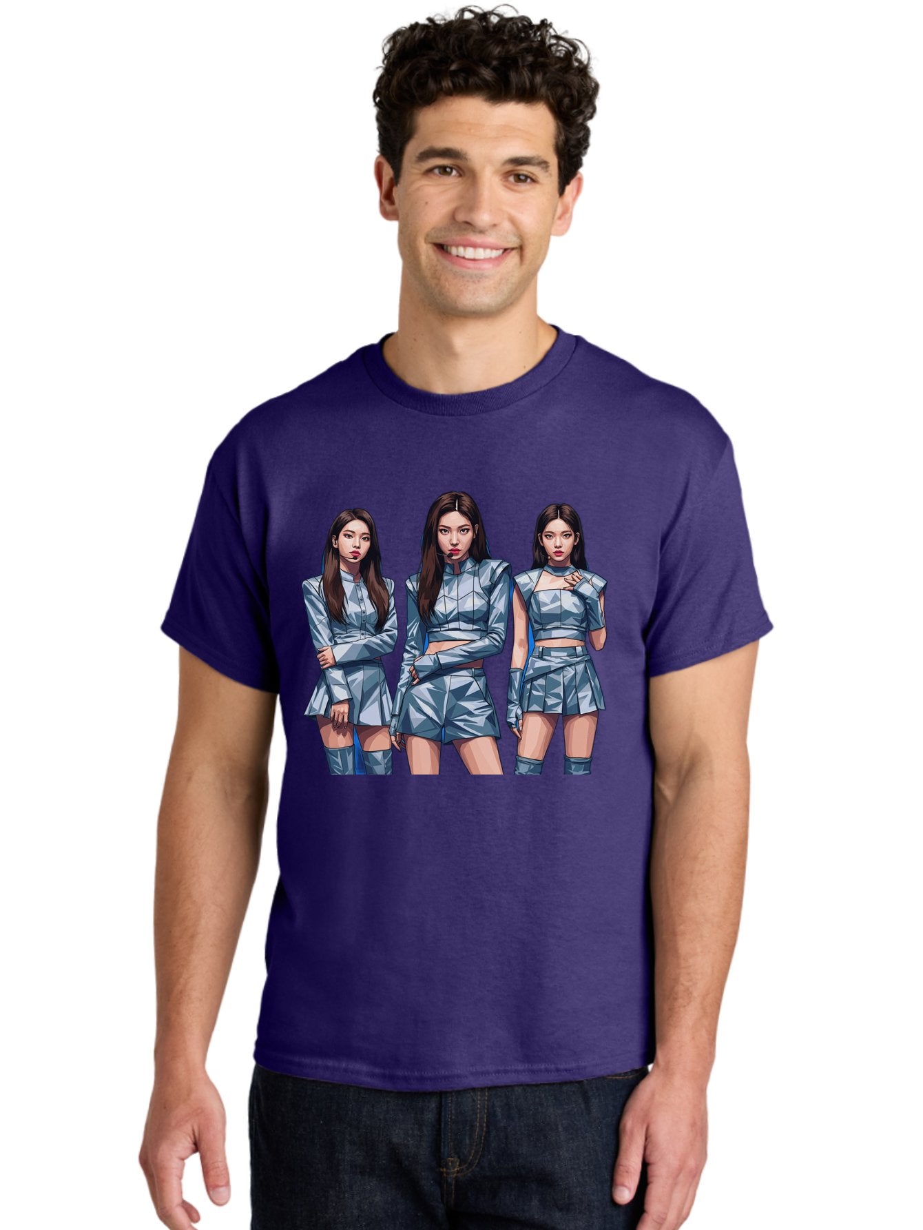 K-Pop-Trio Men'S Graphic Tee, 100% Cotton, Comfortable Casual Summer Wear, Machine Washable, K-Pop Group, Female Idols, Silver Outfits, Futuristic Fashion, Fashion Models, Group Portrait, Pop Art Style, Confident Poses, Long Hair, Bac104 17