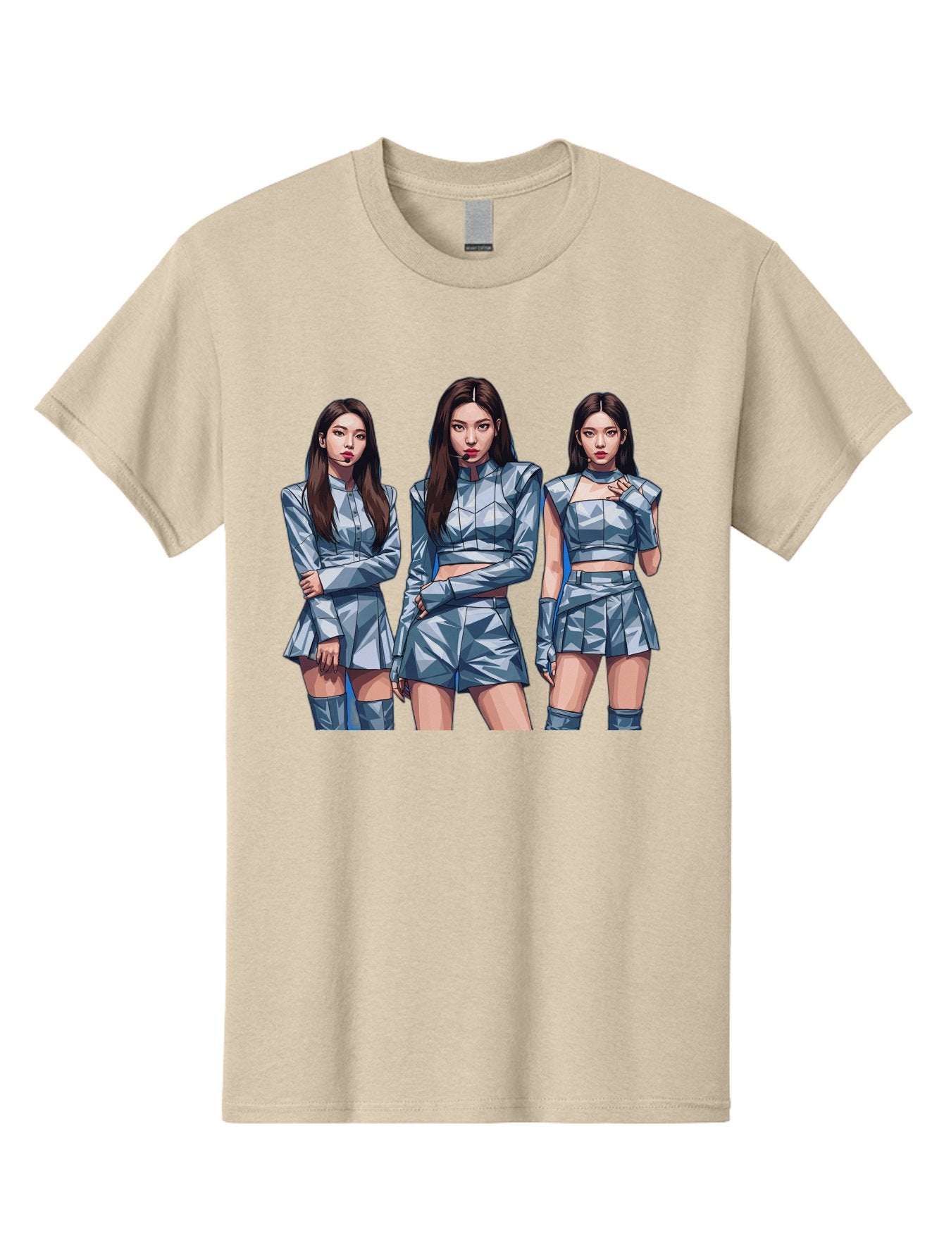 K-Pop-Trio Men'S Graphic Tee, 100% Cotton, Comfortable Casual Summer Wear, Machine Washable, K-Pop Group, Female Idols, Silver Outfits, Futuristic Fashion, Fashion Models, Group Portrait, Pop Art Style, Confident Poses, Long Hair, Bac104 13