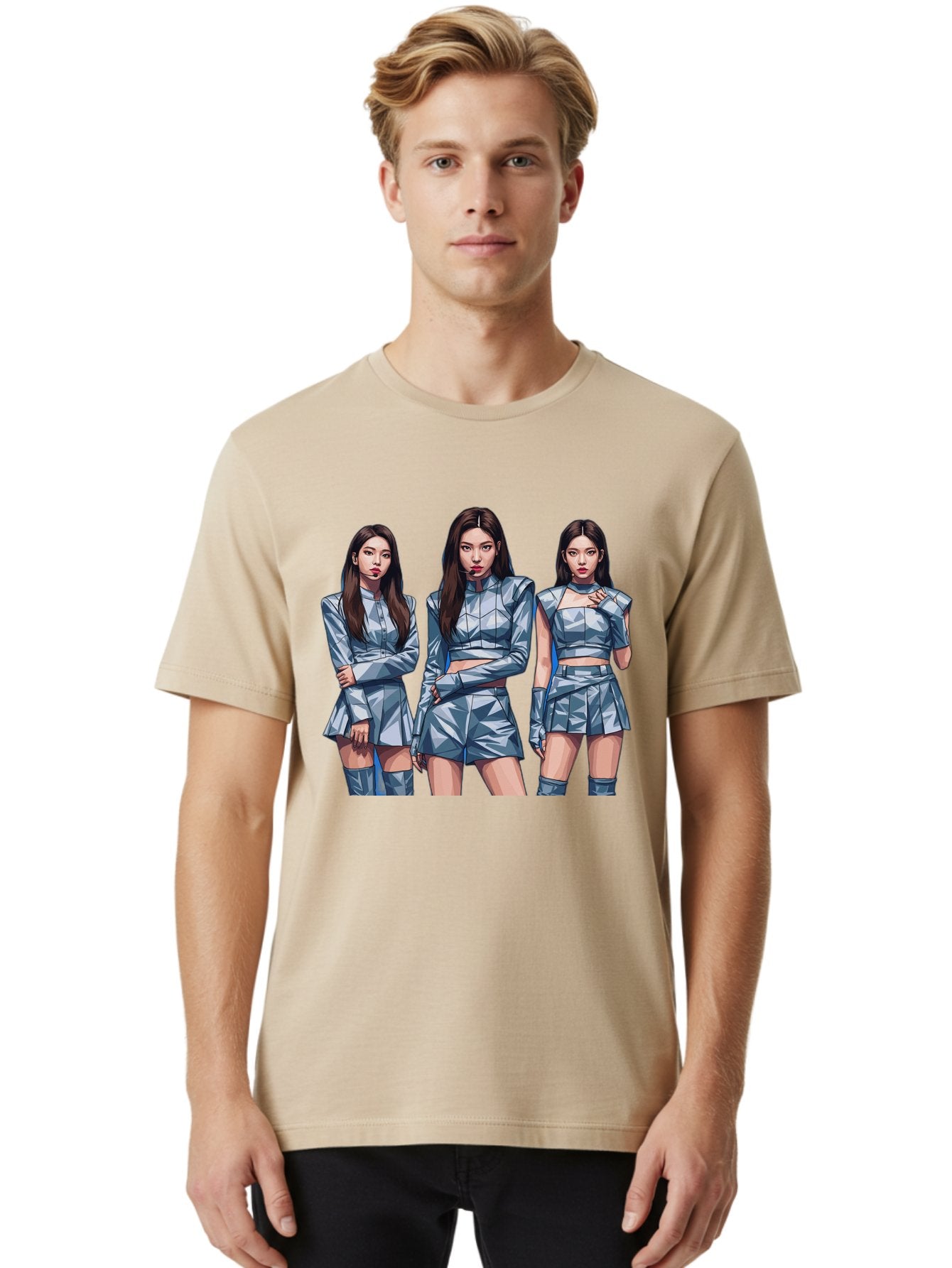 K-Pop-Trio Men'S Graphic Tee, 100% Cotton, Comfortable Casual Summer Wear, Machine Washable, K-Pop Group, Female Idols, Silver Outfits, Futuristic Fashion, Fashion Models, Group Portrait, Pop Art Style, Confident Poses, Long Hair, Bac104 20