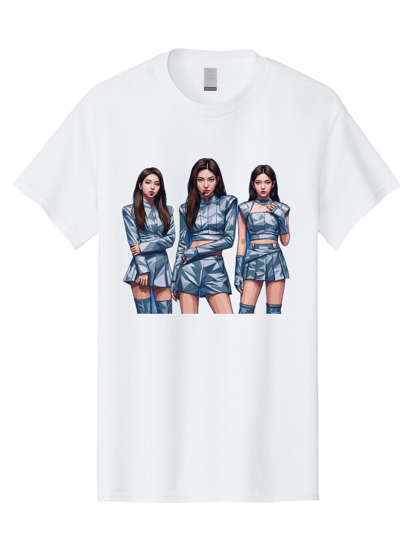 K-Pop-Trio Men'S Graphic Tee, 100% Cotton, Comfortable Casual Summer Wear, Machine Washable, K-Pop Group, Female Idols, Silver Outfits, Futuristic Fashion, Fashion Models, Group Portrait, Pop Art Style, Confident Poses, Long Hair, Bac104 4