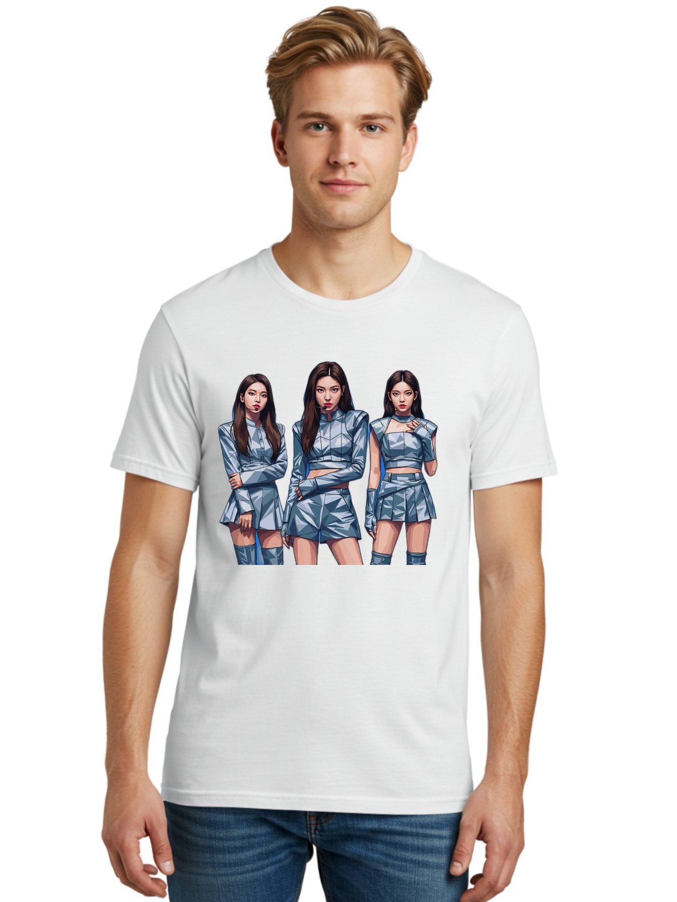 K-Pop-Trio Men'S Graphic Tee, 100% Cotton, Comfortable Casual Summer Wear, Machine Washable, K-Pop Group, Female Idols, Silver Outfits, Futuristic Fashion, Fashion Models, Group Portrait, Pop Art Style, Confident Poses, Long Hair, Bac104 18
