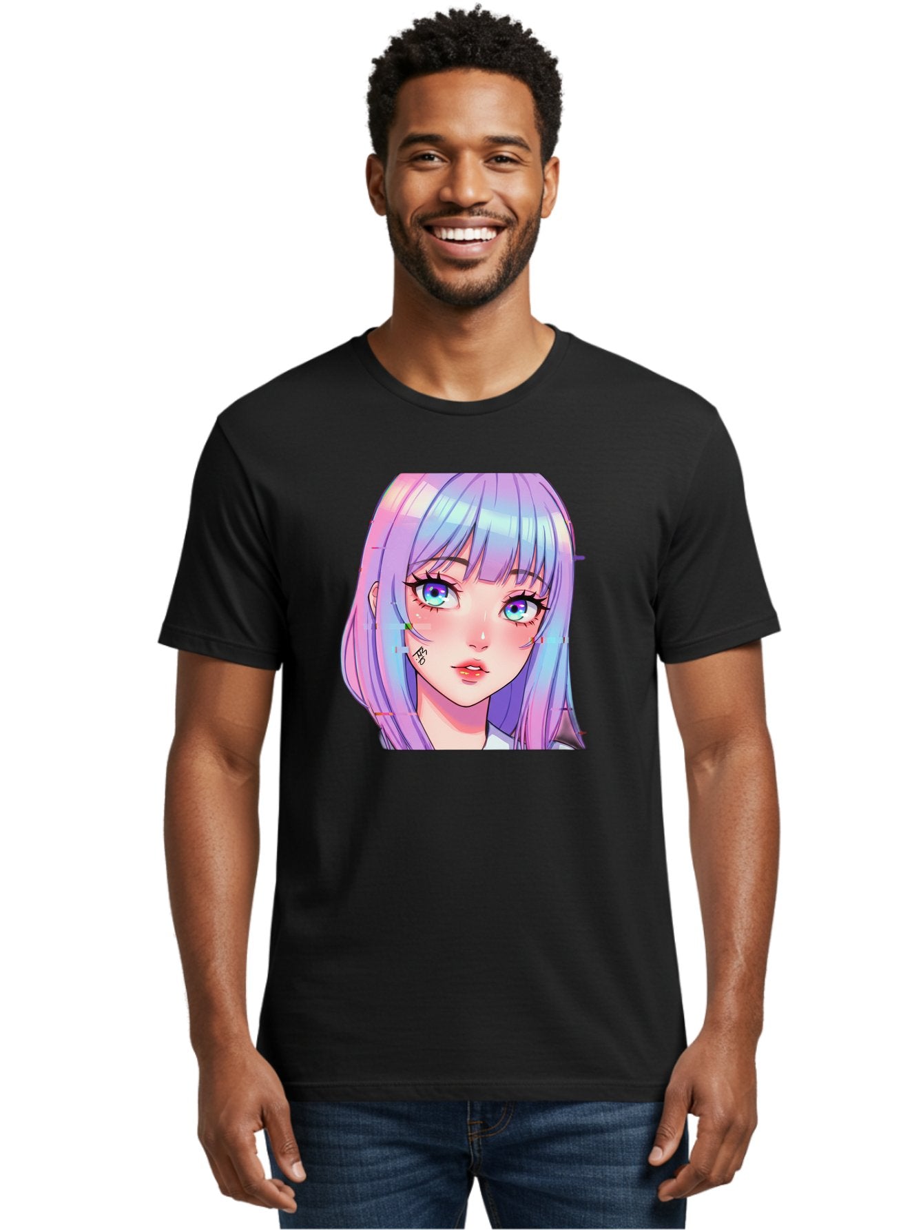 Kawaii-Girl-With-Freckles Men'S Graphic Tee, 100% Cotton, Comfortable Casual Summer Wear, Machine Washable, Anime Girl, Pastel Hair, Vibrant Eyes, Facial Tattoo, Kawaii Aesthetic, Manga Style, Digital Art, Cartoon Character, Bac106 25