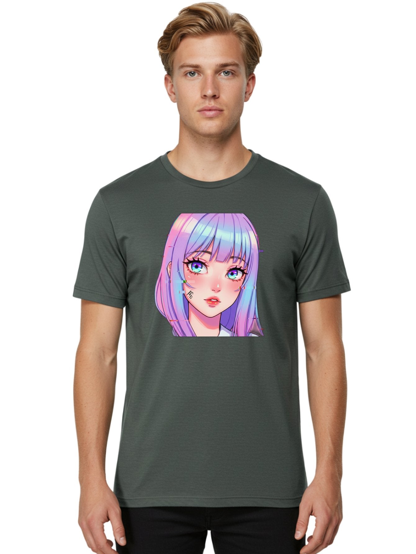 Kawaii-Girl-With-Freckles Men'S Graphic Tee, 100% Cotton, Comfortable Casual Summer Wear, Machine Washable, Anime Girl, Pastel Hair, Vibrant Eyes, Facial Tattoo, Kawaii Aesthetic, Manga Style, Digital Art, Cartoon Character, Bac106 20