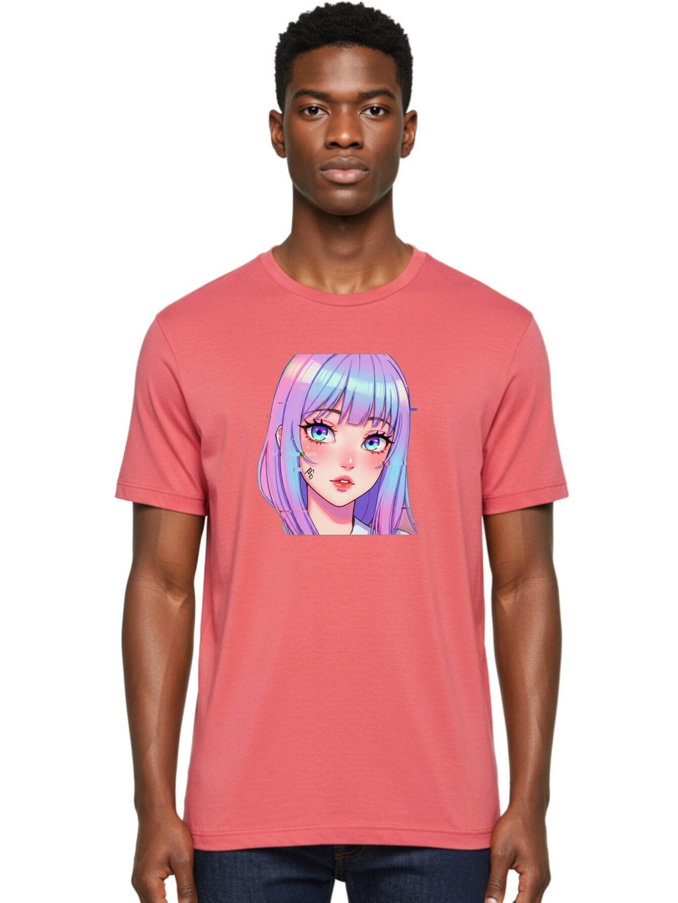 Kawaii-Girl-With-Freckles Men'S Graphic Tee, 100% Cotton, Comfortable Casual Summer Wear, Machine Washable, Anime Girl, Pastel Hair, Vibrant Eyes, Facial Tattoo, Kawaii Aesthetic, Manga Style, Digital Art, Cartoon Character, Bac106 17