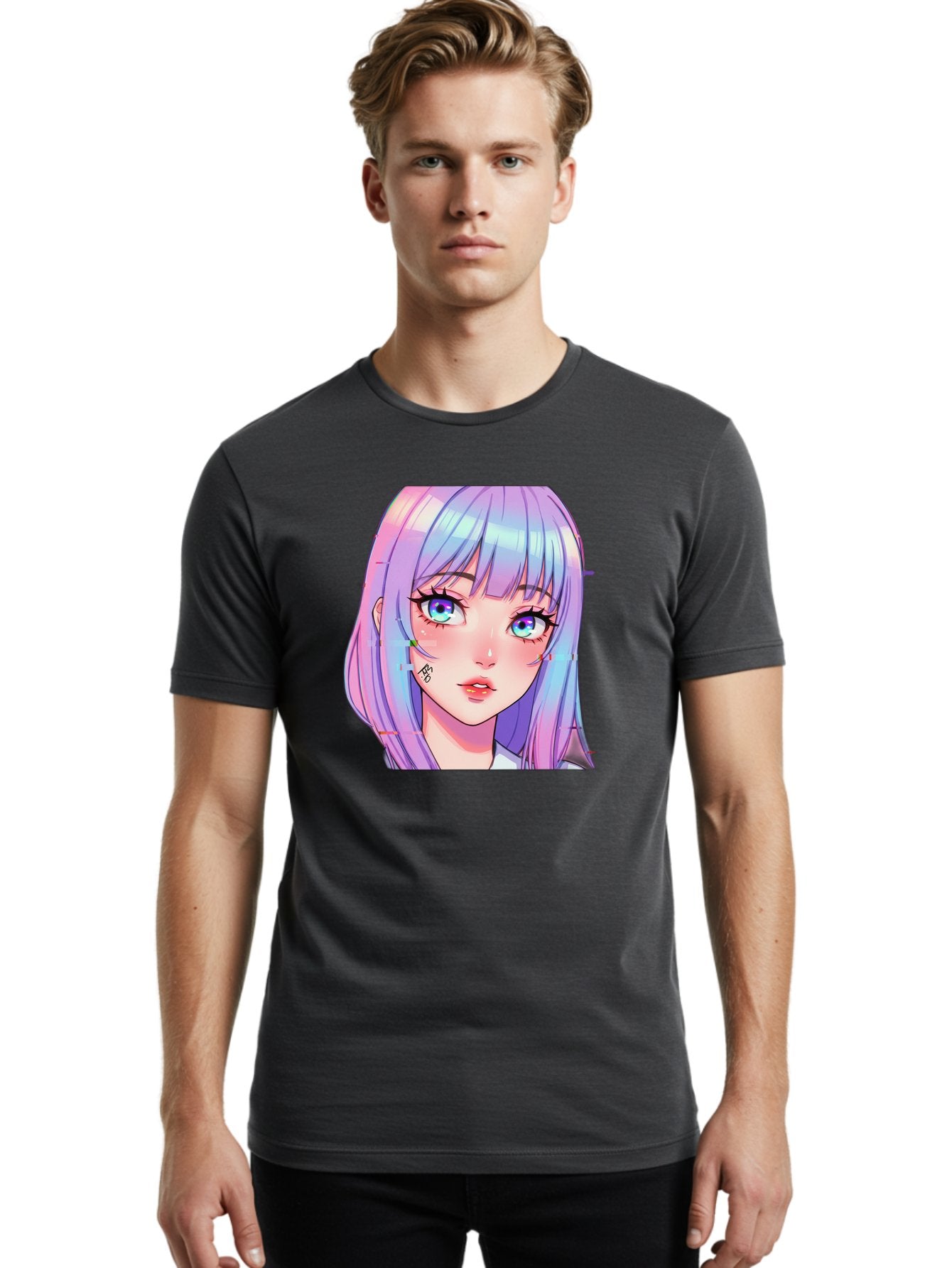 Kawaii-Girl-With-Freckles Men'S Graphic Tee, 100% Cotton, Comfortable Casual Summer Wear, Machine Washable, Anime Girl, Pastel Hair, Vibrant Eyes, Facial Tattoo, Kawaii Aesthetic, Manga Style, Digital Art, Cartoon Character, Bac106 21