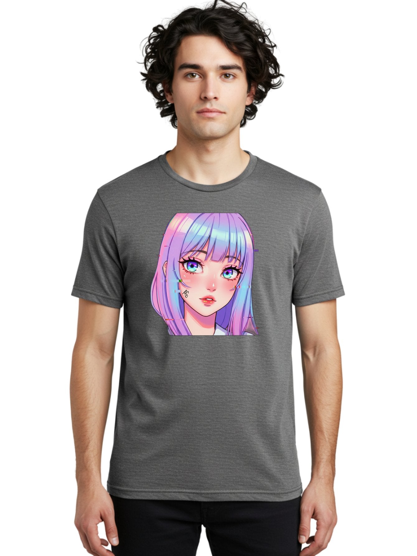 Kawaii-Girl-With-Freckles Men'S Graphic Tee, 100% Cotton, Comfortable Casual Summer Wear, Machine Washable, Anime Girl, Pastel Hair, Vibrant Eyes, Facial Tattoo, Kawaii Aesthetic, Manga Style, Digital Art, Cartoon Character, Bac106 27