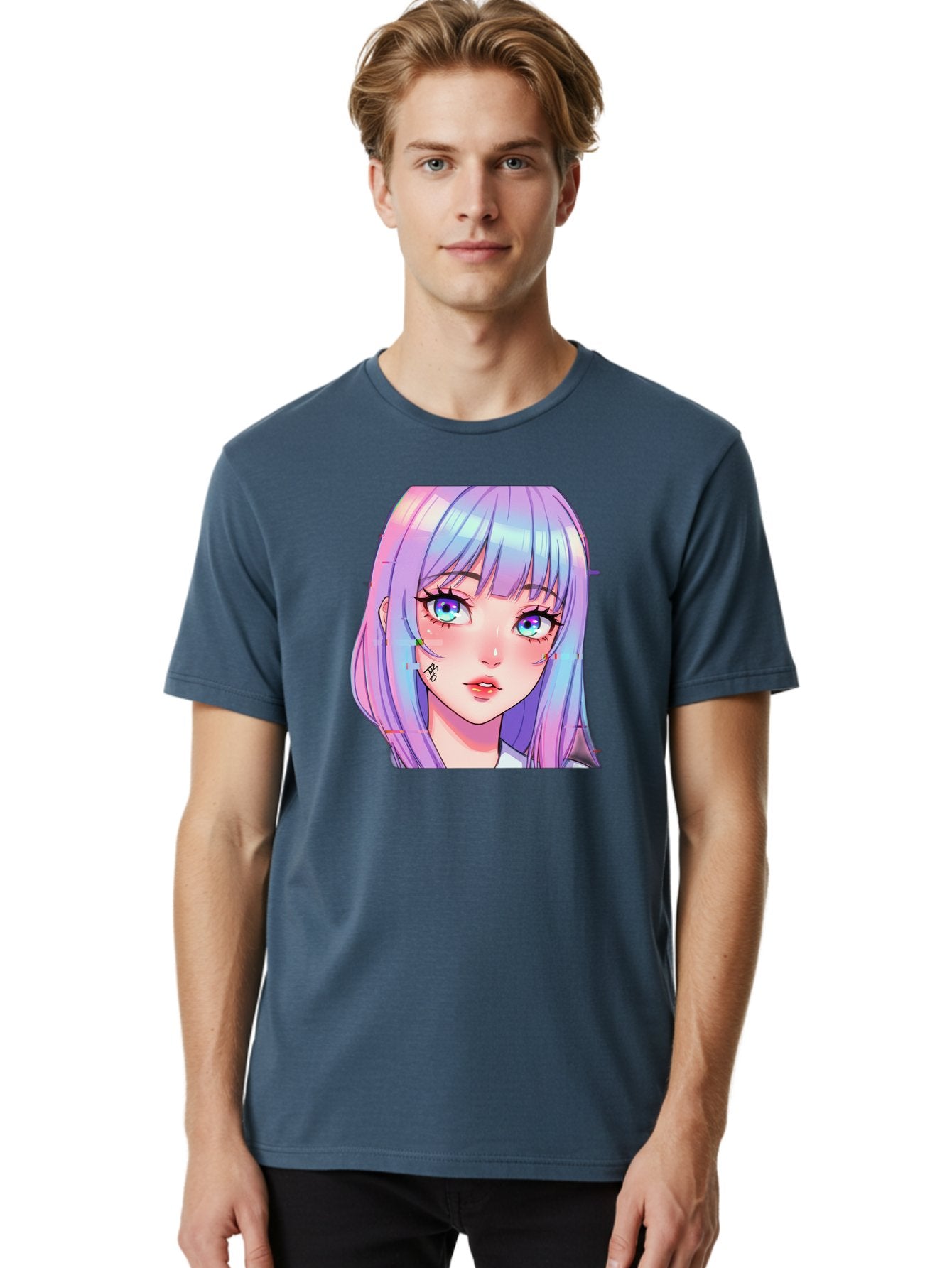 Kawaii-Girl-With-Freckles Men'S Graphic Tee, 100% Cotton, Comfortable Casual Summer Wear, Machine Washable, Anime Girl, Pastel Hair, Vibrant Eyes, Facial Tattoo, Kawaii Aesthetic, Manga Style, Digital Art, Cartoon Character, Bac106 29