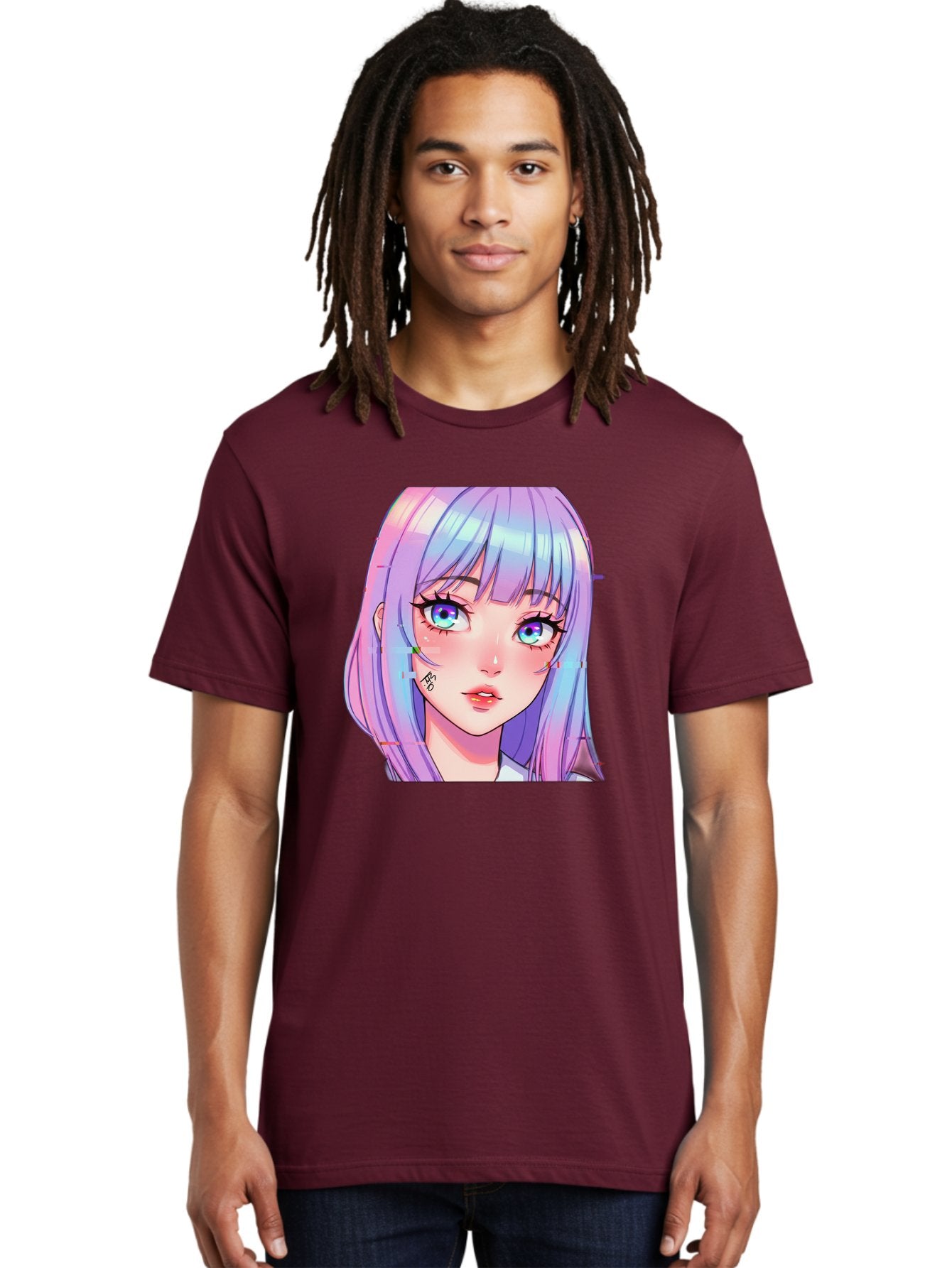 Kawaii-Girl-With-Freckles Men'S Graphic Tee, 100% Cotton, Comfortable Casual Summer Wear, Machine Washable, Anime Girl, Pastel Hair, Vibrant Eyes, Facial Tattoo, Kawaii Aesthetic, Manga Style, Digital Art, Cartoon Character, Bac106 28