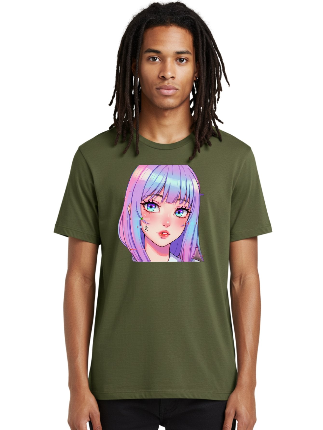 Kawaii-Girl-With-Freckles Men'S Graphic Tee, 100% Cotton, Comfortable Casual Summer Wear, Machine Washable, Anime Girl, Pastel Hair, Vibrant Eyes, Facial Tattoo, Kawaii Aesthetic, Manga Style, Digital Art, Cartoon Character, Bac106 24