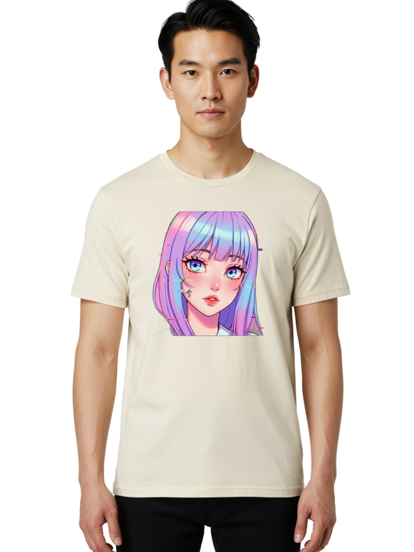 Kawaii-Girl-With-Freckles Men'S Graphic Tee, 100% Cotton, Comfortable Casual Summer Wear, Machine Washable, Anime Girl, Pastel Hair, Vibrant Eyes, Facial Tattoo, Kawaii Aesthetic, Manga Style, Digital Art, Cartoon Character, Bac106 23