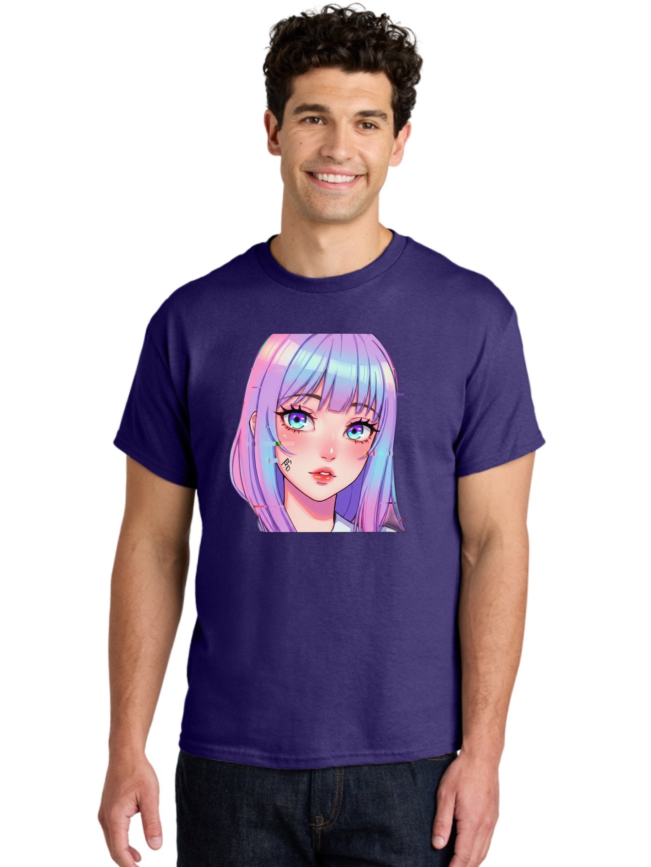 Kawaii-Girl-With-Freckles Men'S Graphic Tee, 100% Cotton, Comfortable Casual Summer Wear, Machine Washable, Anime Girl, Pastel Hair, Vibrant Eyes, Facial Tattoo, Kawaii Aesthetic, Manga Style, Digital Art, Cartoon Character, Bac106 30