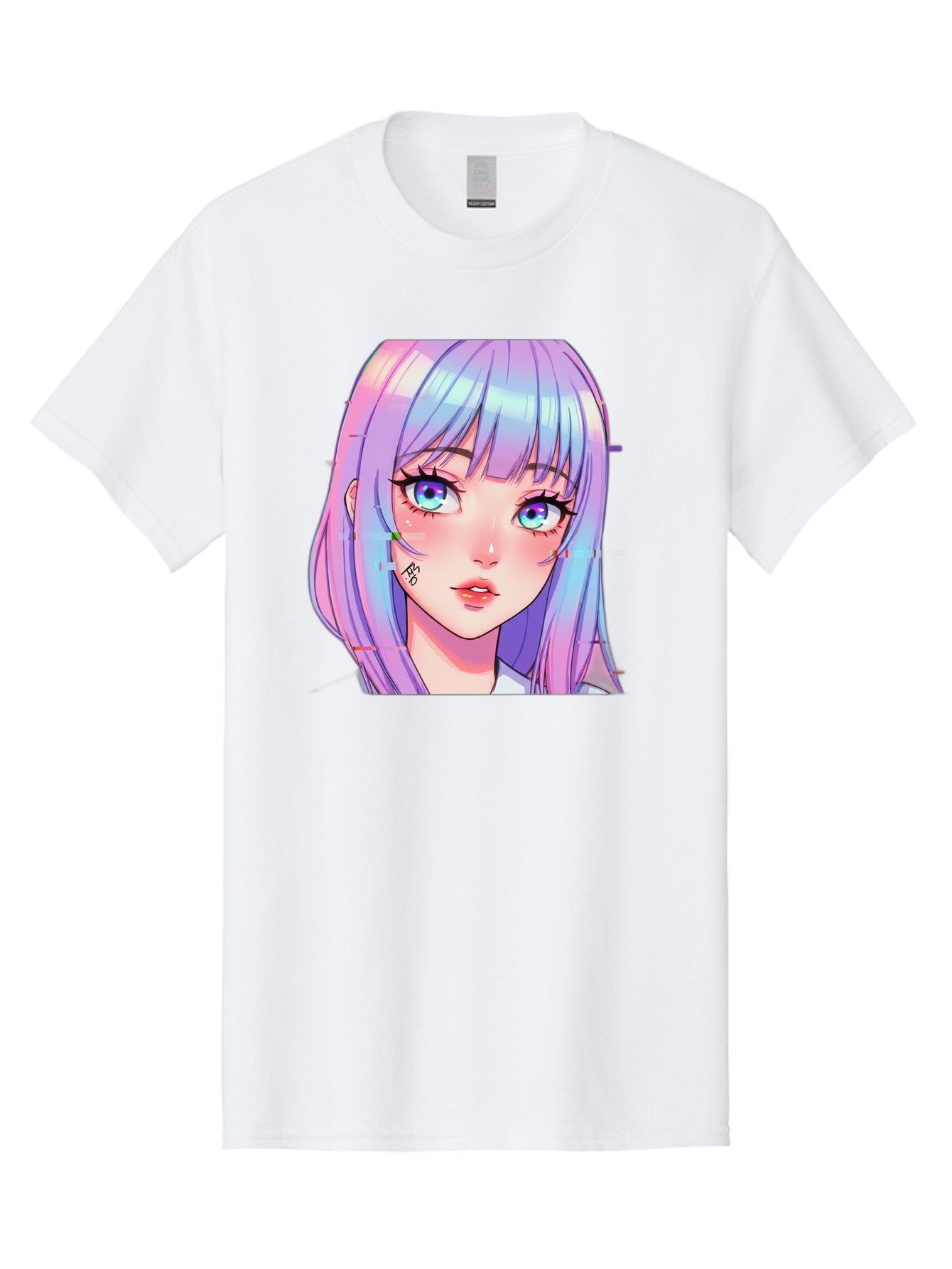 Kawaii-Girl-With-Freckles Men'S Graphic Tee, 100% Cotton, Comfortable Casual Summer Wear, Machine Washable, Anime Girl, Pastel Hair, Vibrant Eyes, Facial Tattoo, Kawaii Aesthetic, Manga Style, Digital Art, Cartoon Character, Bac106 7