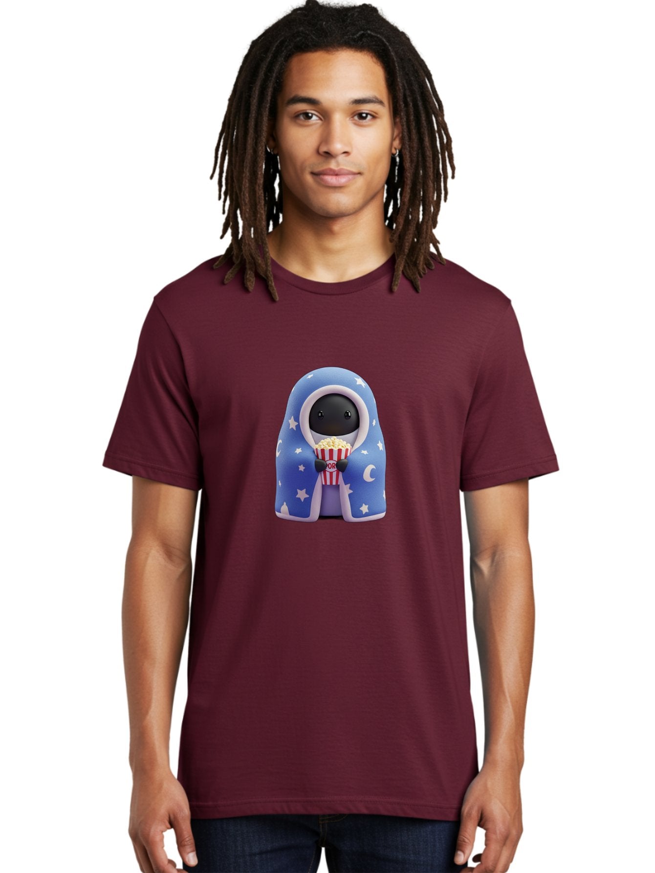 Kaws-Companion Men'S Graphic Tee, 100% Cotton, Comfortable Casual Summer Wear, Machine Washable, Cartoon Character, Blue Robe With Stars, Holding Popcorn, Moon Symbol, Night Theme, Cute Design, Whimsical, Pop Culture, Relaxed, Casual, Bac107 22