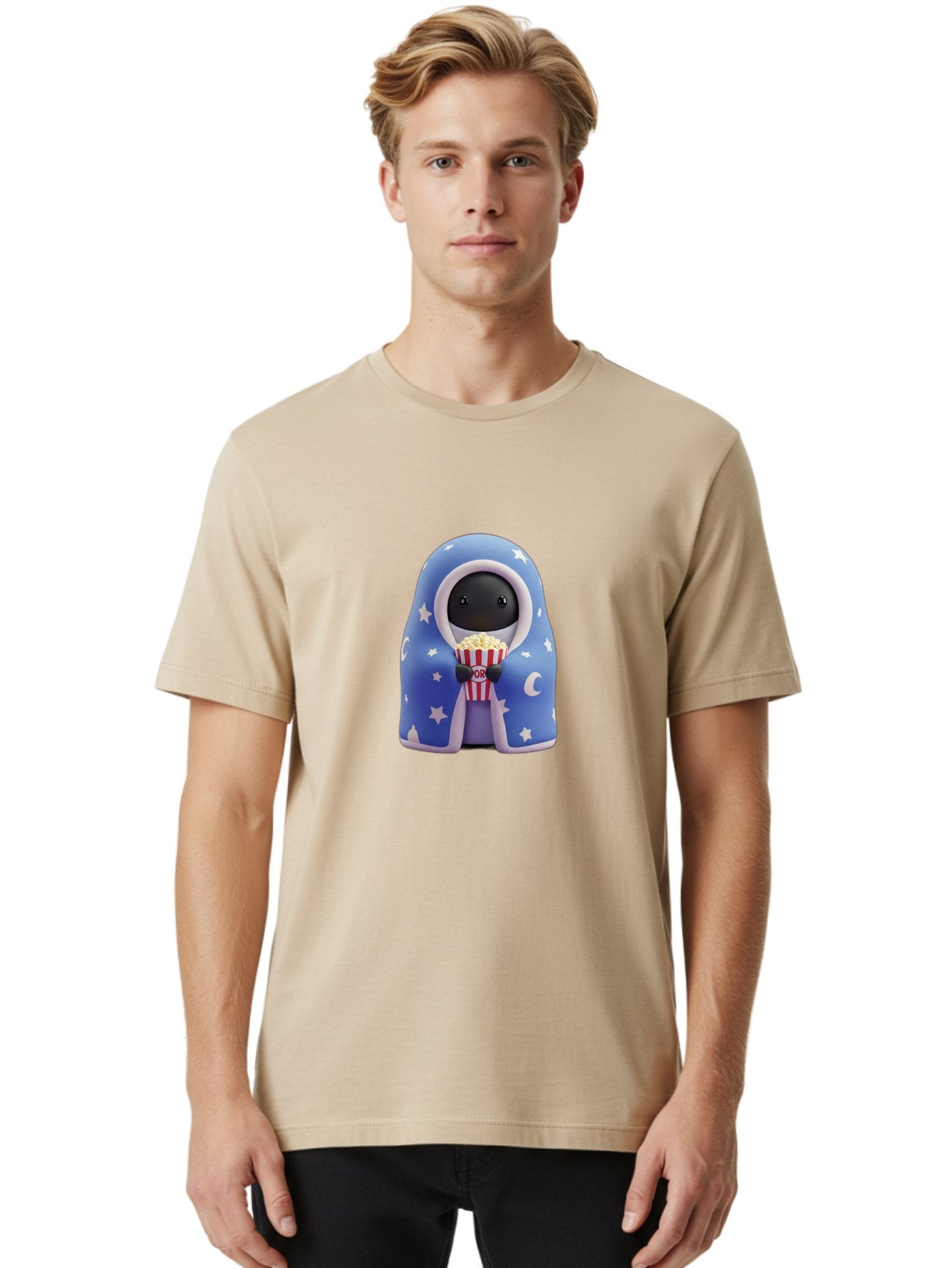 Kaws-Companion Men'S Graphic Tee, 100% Cotton, Comfortable Casual Summer Wear, Machine Washable, Cartoon Character, Blue Robe With Stars, Holding Popcorn, Moon Symbol, Night Theme, Cute Design, Whimsical, Pop Culture, Relaxed, Casual, Bac107 25