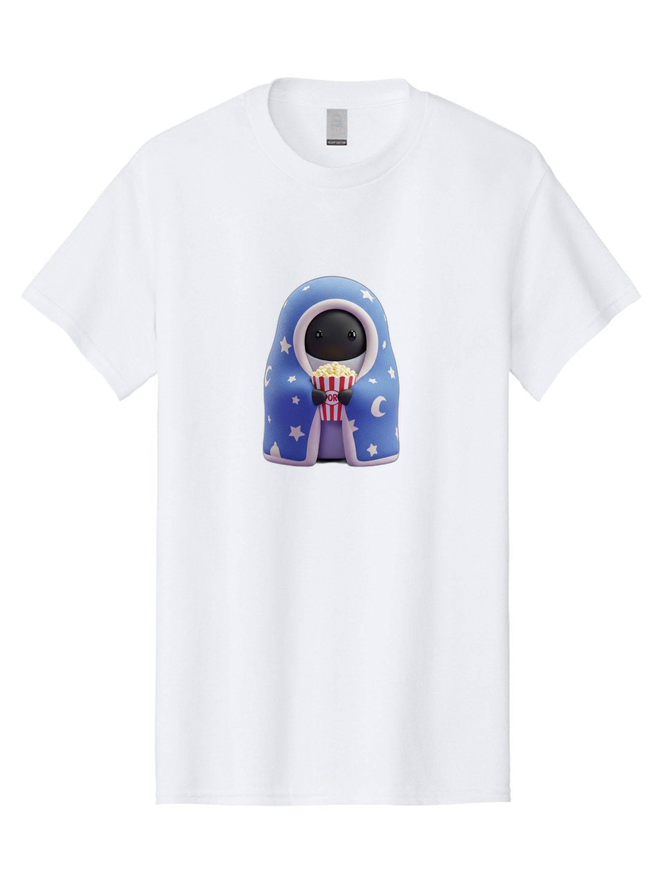 Kaws-Companion Men'S Graphic Tee, 100% Cotton, Comfortable Casual Summer Wear, Machine Washable, Cartoon Character, Blue Robe With Stars, Holding Popcorn, Moon Symbol, Night Theme, Cute Design, Whimsical, Pop Culture, Relaxed, Casual, Bac107 7