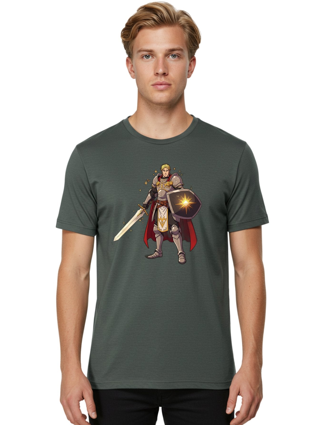 Knight-Templar Men'S Graphic Tee, 100% Cotton, Comfortable Casual Summer Wear, Machine Washable, Knight Templar, Masonic Knight, Armor, Sword, Shield, Freemason Symbol, Gold Accents, Red Cape, Blonde Hair, Sacred Geometry, Spiritual Warrior, Bac108 17