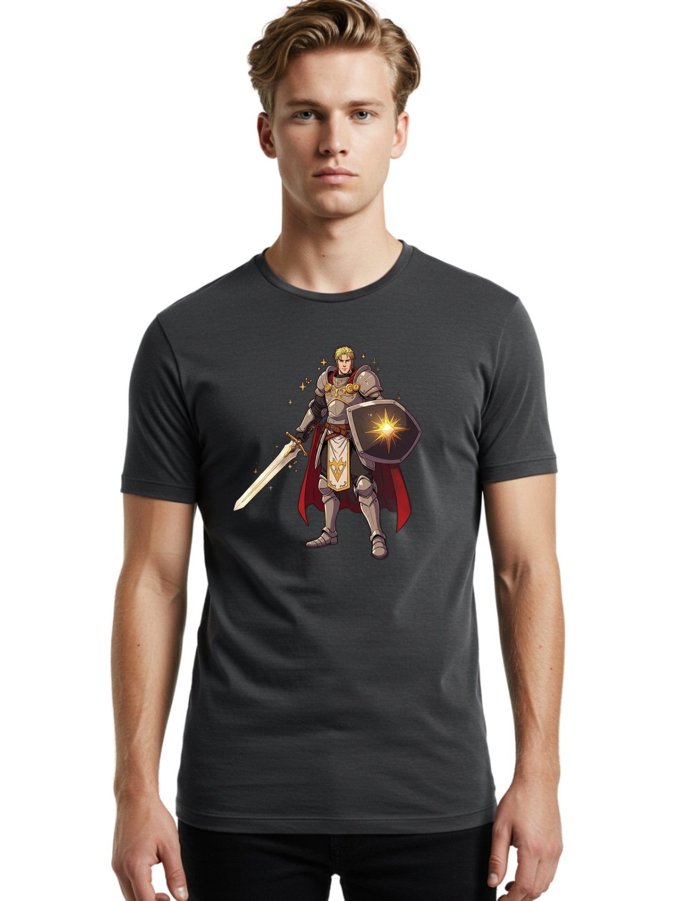 Knight-Templar Men'S Graphic Tee, 100% Cotton, Comfortable Casual Summer Wear, Machine Washable, Knight Templar, Masonic Knight, Armor, Sword, Shield, Freemason Symbol, Gold Accents, Red Cape, Blonde Hair, Sacred Geometry, Spiritual Warrior, Bac108 24