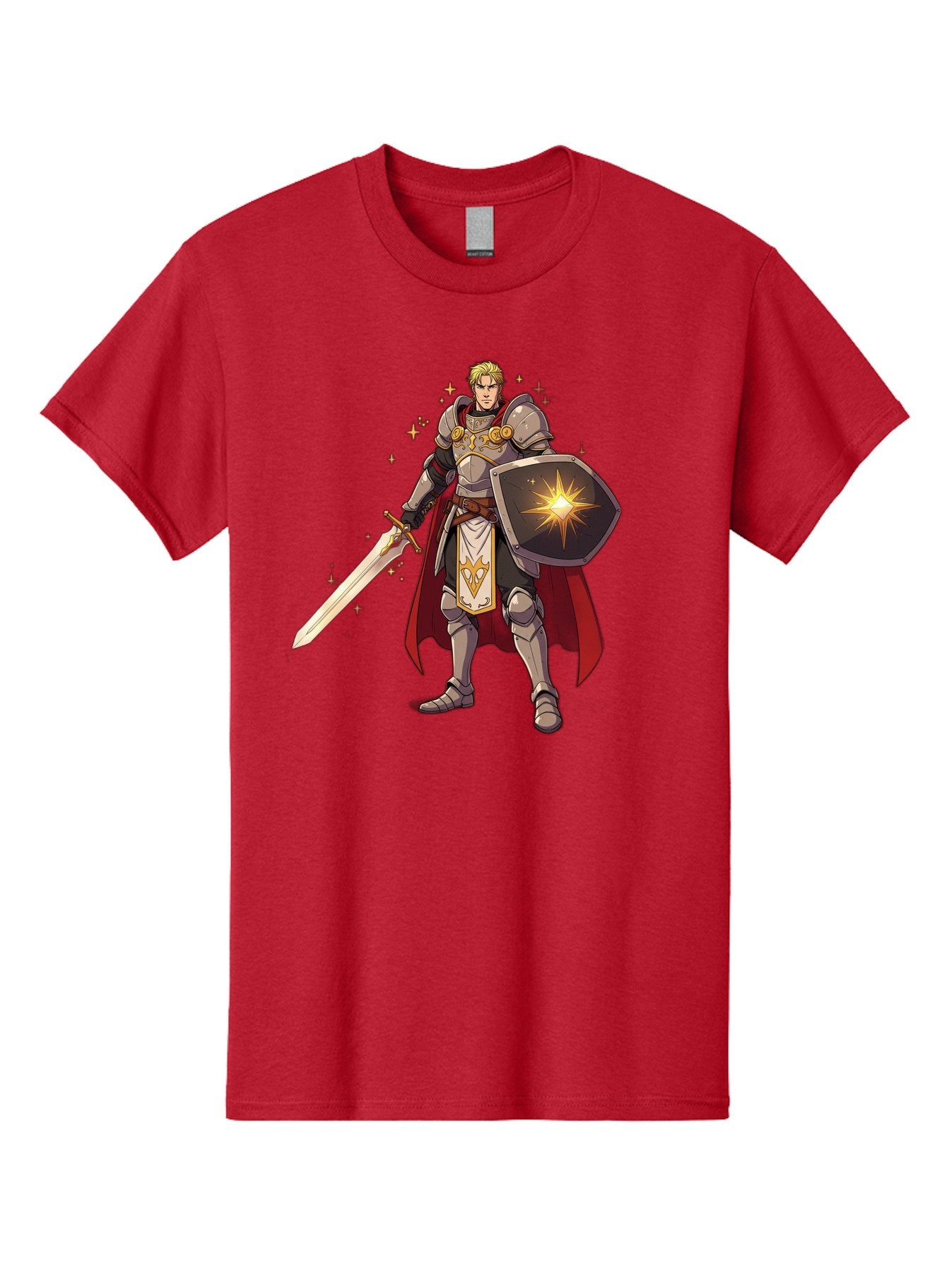Knight-Templar Men'S Graphic Tee, 100% Cotton, Comfortable Casual Summer Wear, Machine Washable, Knight Templar, Masonic Knight, Armor, Sword, Shield, Freemason Symbol, Gold Accents, Red Cape, Blonde Hair, Sacred Geometry, Spiritual Warrior, Bac108