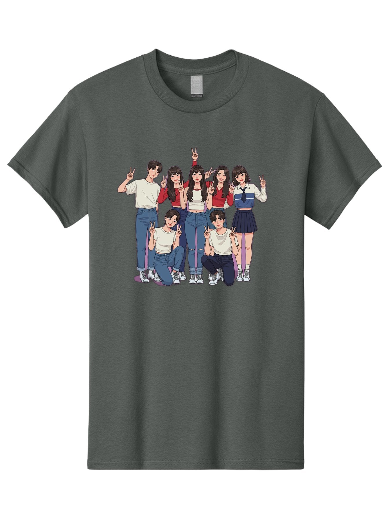 Kpop-Group Men'S Graphic Tee, 100% Cotton, Comfortable Casual Summer Wear, Machine Washable, Group Of Friends, Casual Clothing, Peace Signs, Happy Faces, Cartoon Style, Youth Culture, Friendship, Togetherness, Harmony, Trendy Outfits Bac109 12