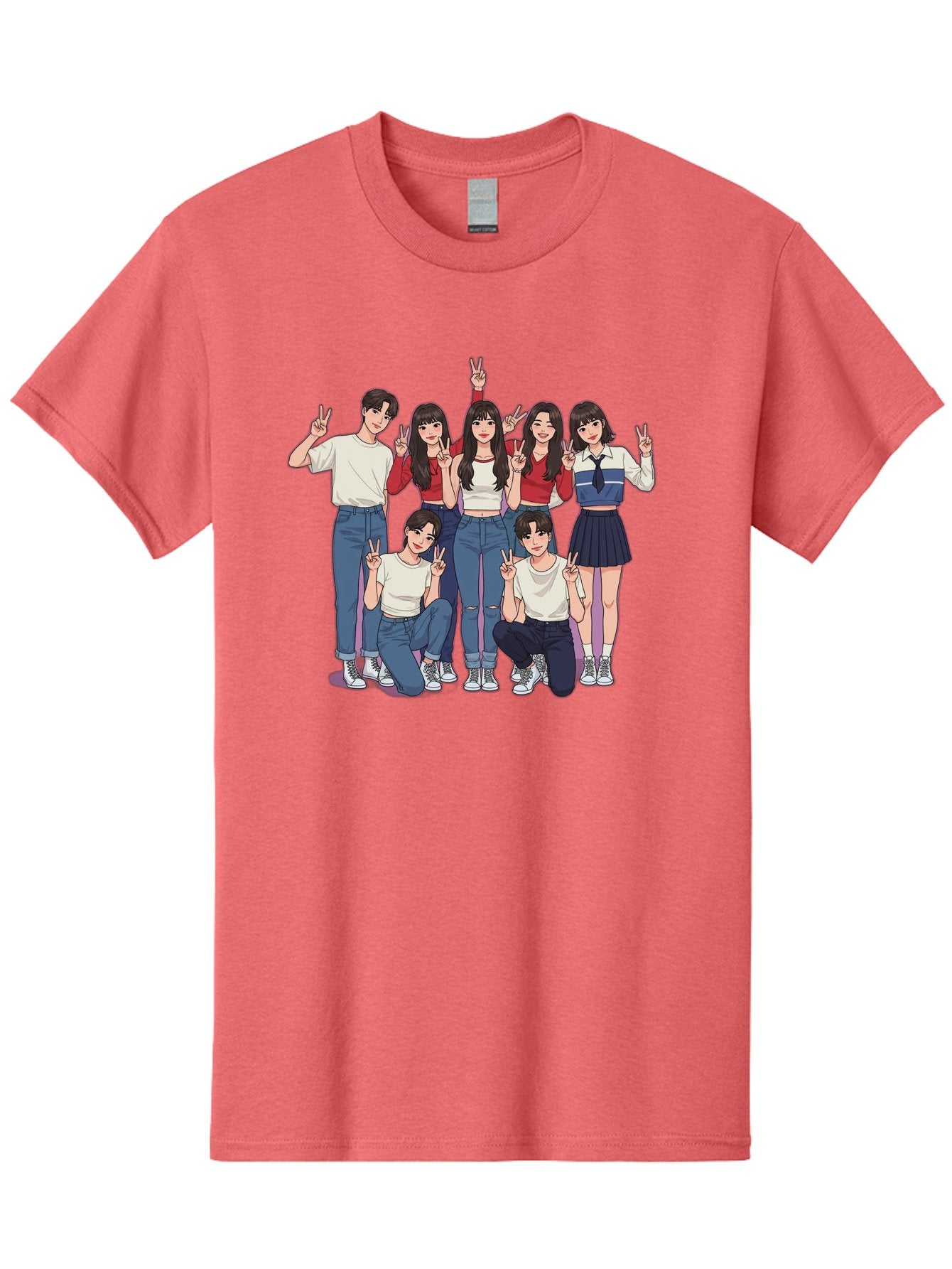 Kpop-Group Men'S Graphic Tee, 100% Cotton, Comfortable Casual Summer Wear, Machine Washable, Group Of Friends, Casual Clothing, Peace Signs, Happy Faces, Cartoon Style, Youth Culture, Friendship, Togetherness, Harmony, Trendy Outfits Bac109 11