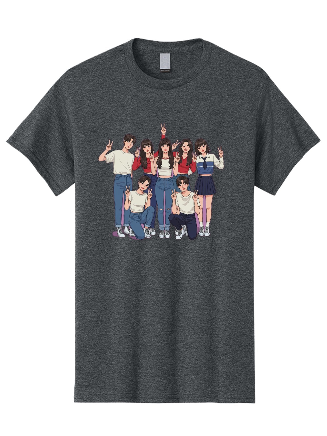 Kpop-Group Men'S Graphic Tee, 100% Cotton, Comfortable Casual Summer Wear, Machine Washable, Group Of Friends, Casual Clothing, Peace Signs, Happy Faces, Cartoon Style, Youth Culture, Friendship, Togetherness, Harmony, Trendy Outfits Bac109 6