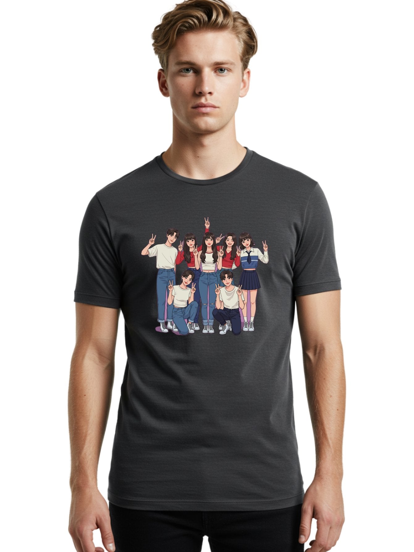 Kpop-Group Men'S Graphic Tee, 100% Cotton, Comfortable Casual Summer Wear, Machine Washable, Group Of Friends, Casual Clothing, Peace Signs, Happy Faces, Cartoon Style, Youth Culture, Friendship, Togetherness, Harmony, Trendy Outfits Bac109 24