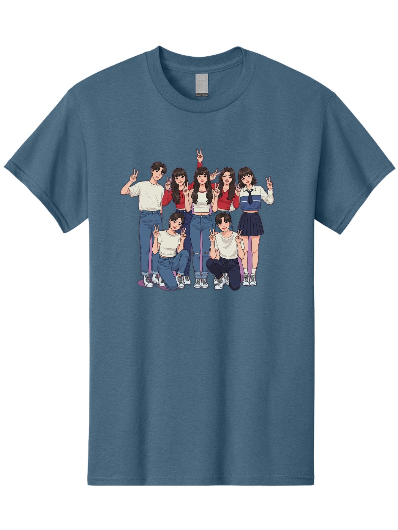 Kpop-Group Men'S Graphic Tee, 100% Cotton, Comfortable Casual Summer Wear, Machine Washable, Group Of Friends, Casual Clothing, Peace Signs, Happy Faces, Cartoon Style, Youth Culture, Friendship, Togetherness, Harmony, Trendy Outfits Bac109 14