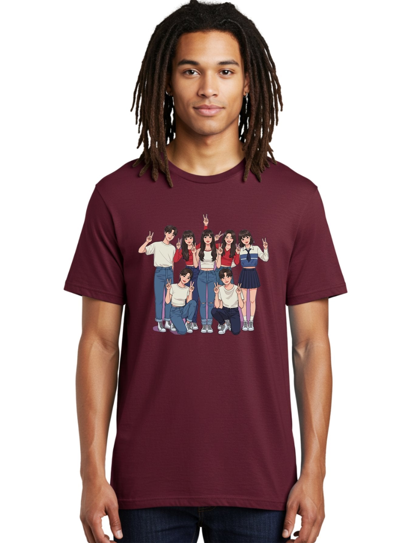 Kpop-Group Men'S Graphic Tee, 100% Cotton, Comfortable Casual Summer Wear, Machine Washable, Group Of Friends, Casual Clothing, Peace Signs, Happy Faces, Cartoon Style, Youth Culture, Friendship, Togetherness, Harmony, Trendy Outfits Bac109 16