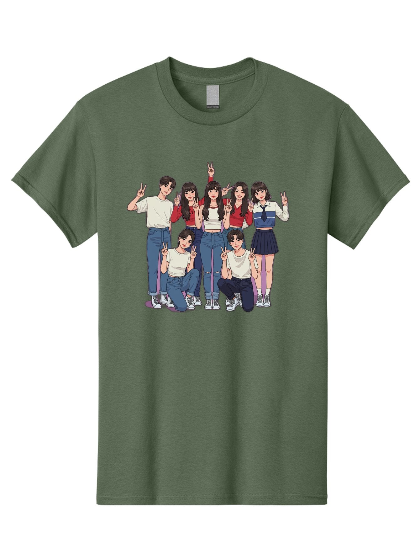 Kpop-Group Men'S Graphic Tee, 100% Cotton, Comfortable Casual Summer Wear, Machine Washable, Group Of Friends, Casual Clothing, Peace Signs, Happy Faces, Cartoon Style, Youth Culture, Friendship, Togetherness, Harmony, Trendy Outfits Bac109 10