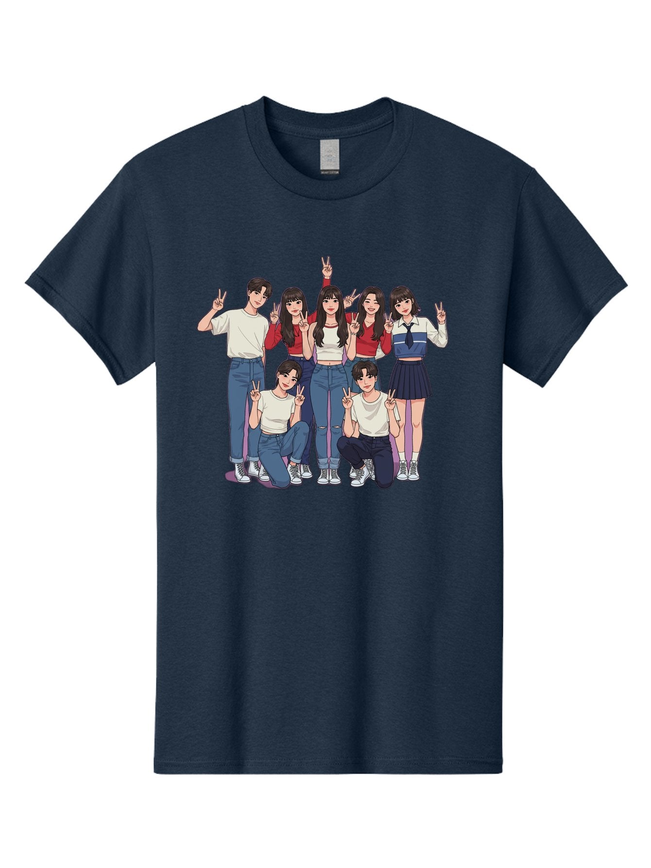 Kpop-Group Men'S Graphic Tee, 100% Cotton, Comfortable Casual Summer Wear, Machine Washable, Group Of Friends, Casual Clothing, Peace Signs, Happy Faces, Cartoon Style, Youth Culture, Friendship, Togetherness, Harmony, Trendy Outfits Bac109