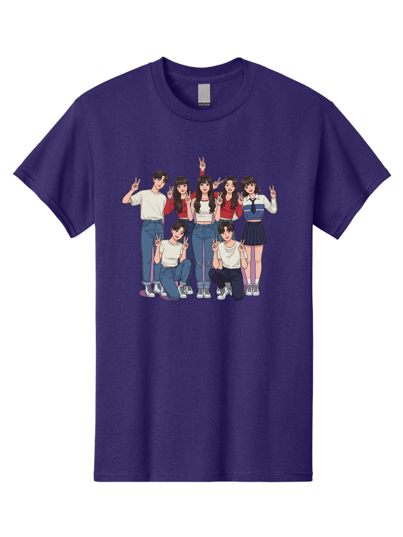 Kpop-Group Men'S Graphic Tee, 100% Cotton, Comfortable Casual Summer Wear, Machine Washable, Group Of Friends, Casual Clothing, Peace Signs, Happy Faces, Cartoon Style, Youth Culture, Friendship, Togetherness, Harmony, Trendy Outfits Bac109 15