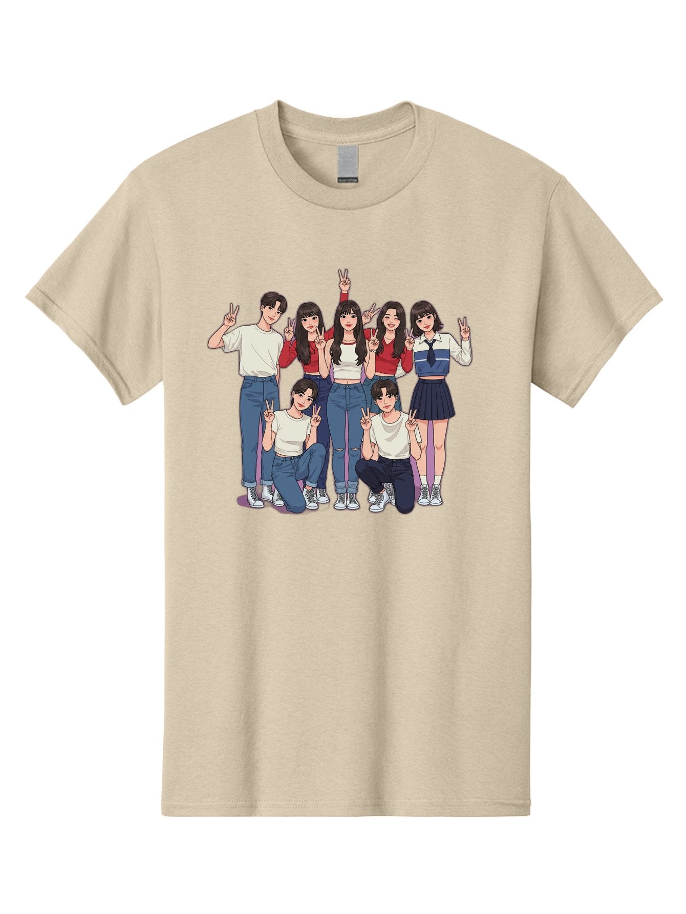 Kpop-Group Men'S Graphic Tee, 100% Cotton, Comfortable Casual Summer Wear, Machine Washable, Group Of Friends, Casual Clothing, Peace Signs, Happy Faces, Cartoon Style, Youth Culture, Friendship, Togetherness, Harmony, Trendy Outfits Bac109 8