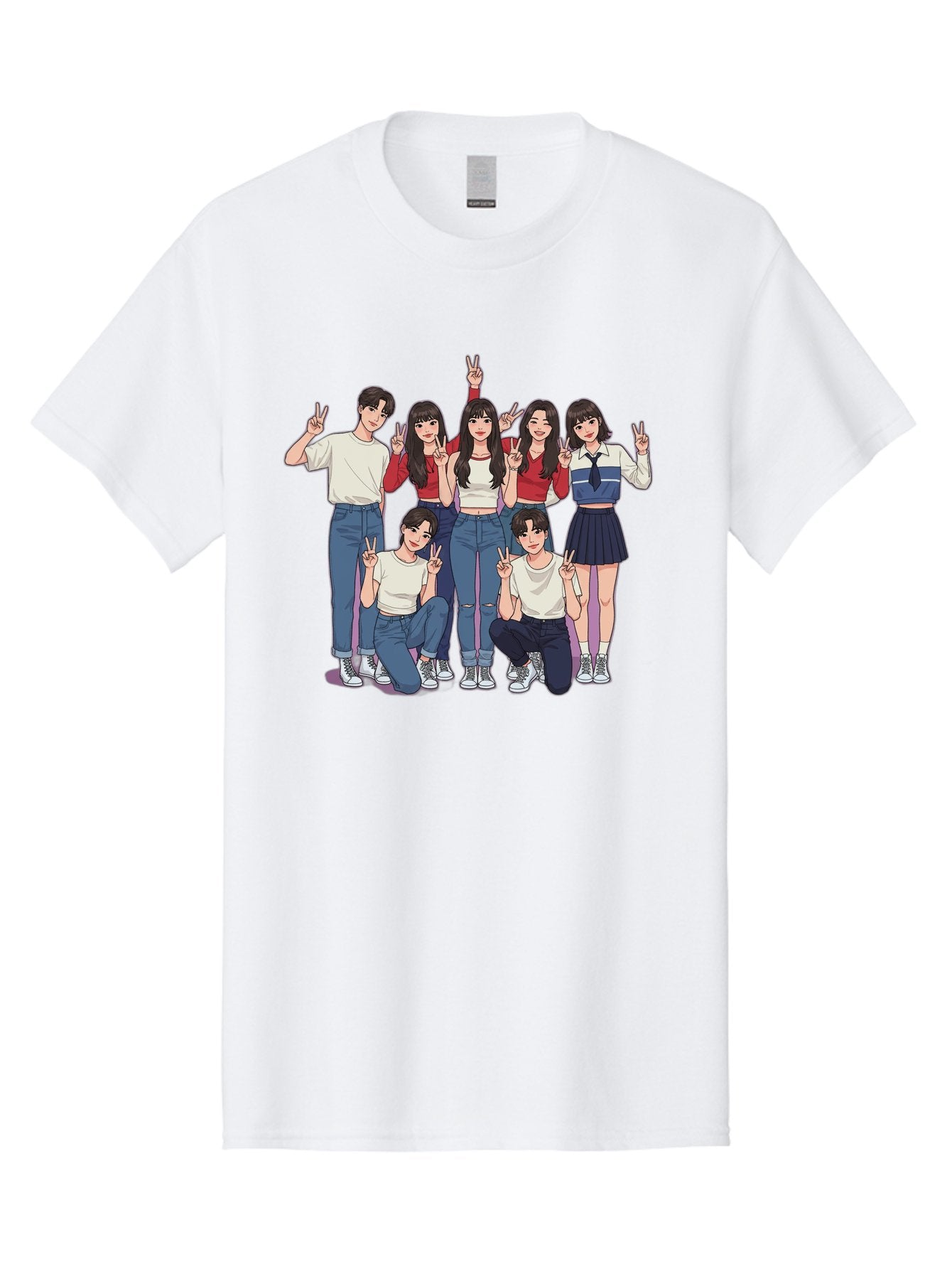 Kpop-Group Men'S Graphic Tee, 100% Cotton, Comfortable Casual Summer Wear, Machine Washable, Group Of Friends, Casual Clothing, Peace Signs, Happy Faces, Cartoon Style, Youth Culture, Friendship, Togetherness, Harmony, Trendy Outfits Bac109 4