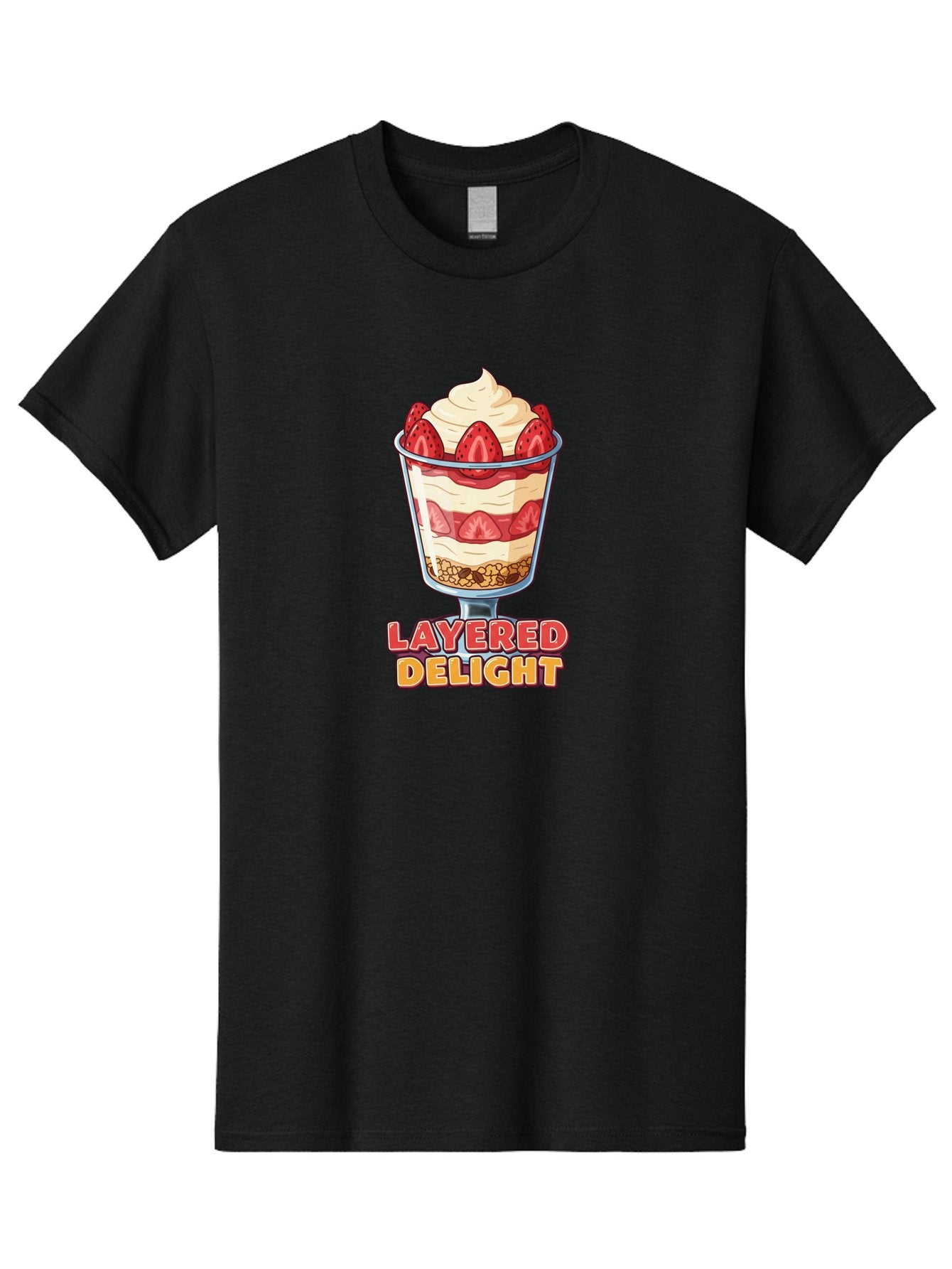 Layered-Delight Men'S Graphic Tee, 100% Cotton, Comfortable Casual Summer Wear, Machine Washable, Layered Dessert, Strawberry Parfait, Whipped Cream, Sweet Treat, Crunchy Granola, Layered Delight, Dessert Cup, Tasty Layers, Strawberry Topping, Bac110 5