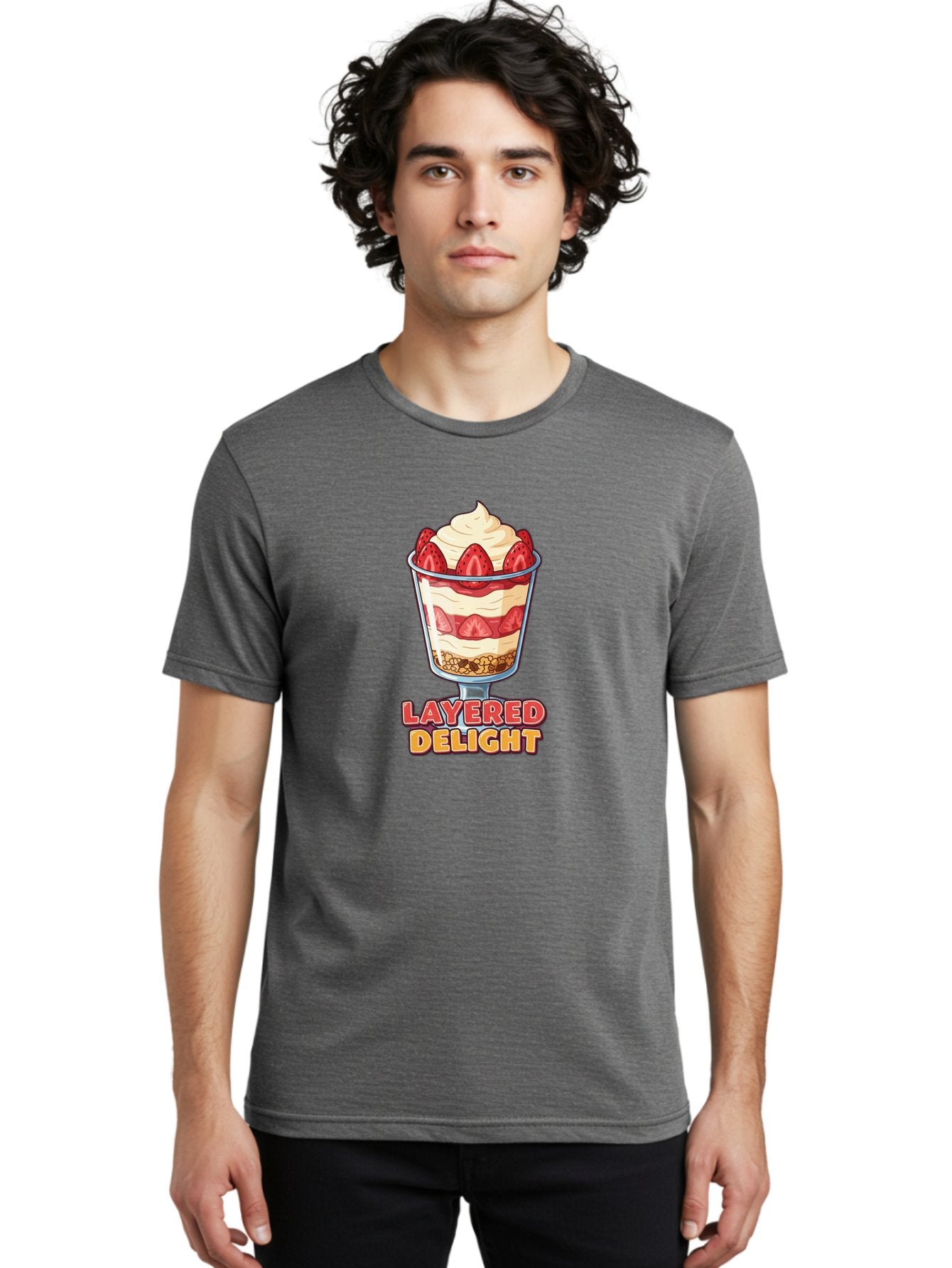 Layered-Delight Men'S Graphic Tee, 100% Cotton, Comfortable Casual Summer Wear, Machine Washable, Layered Dessert, Strawberry Parfait, Whipped Cream, Sweet Treat, Crunchy Granola, Layered Delight, Dessert Cup, Tasty Layers, Strawberry Topping, Bac110 17